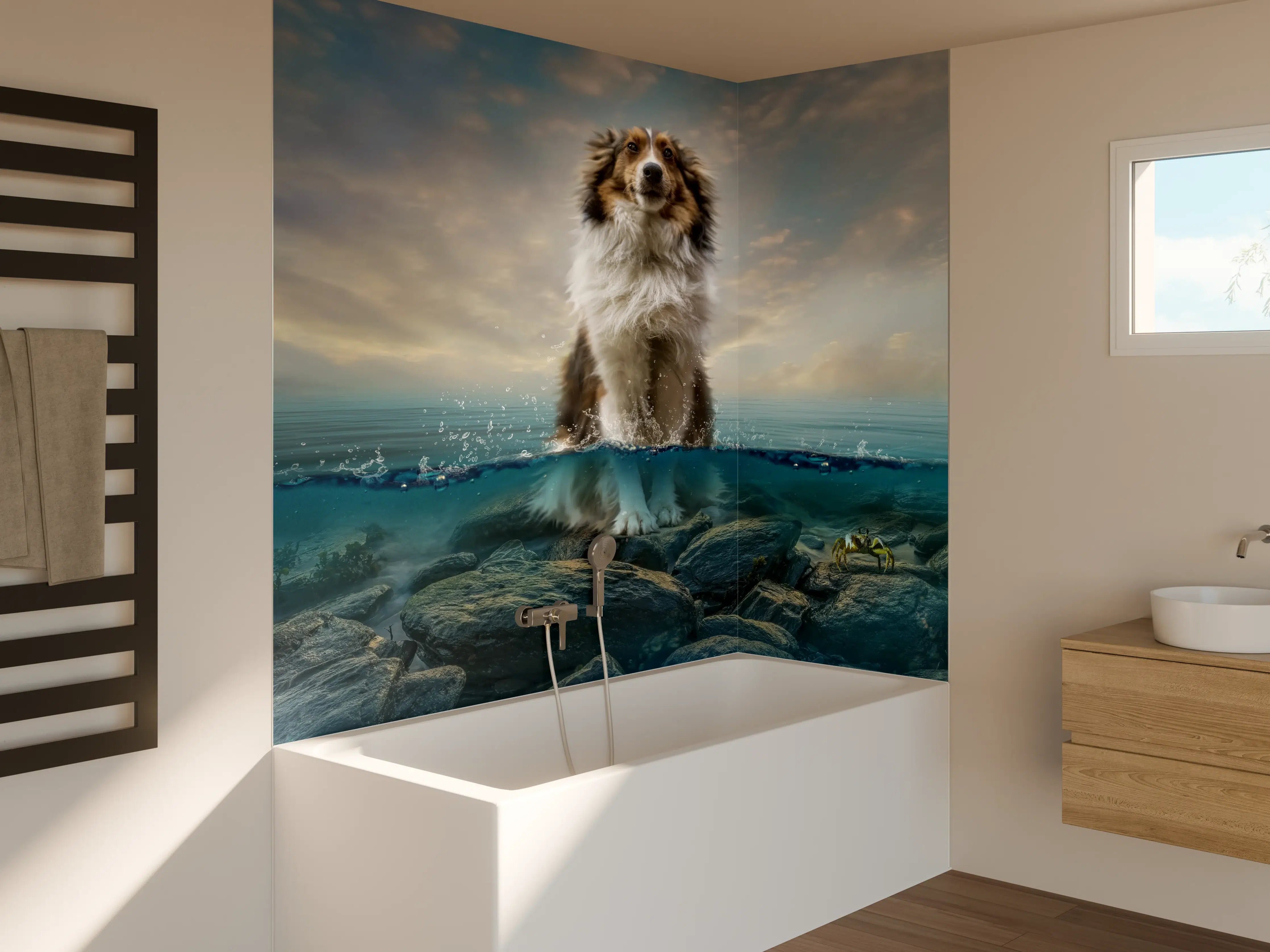 Badewannen-Rückwand - Stolzer Shetland-Schäferhund im Wasser