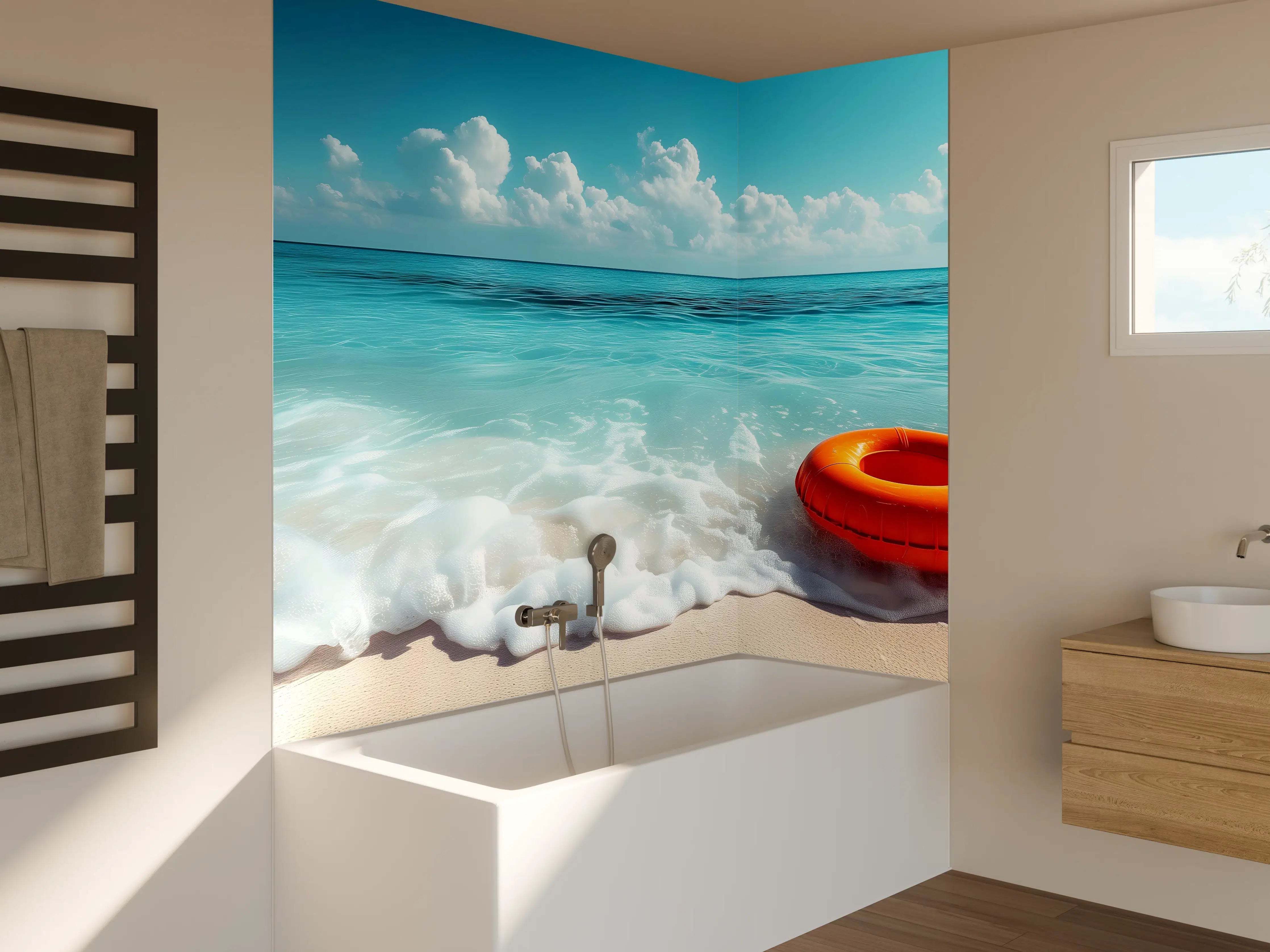 Badewannen-Rückwand - Strand mit orangefarbener Schwimmringe