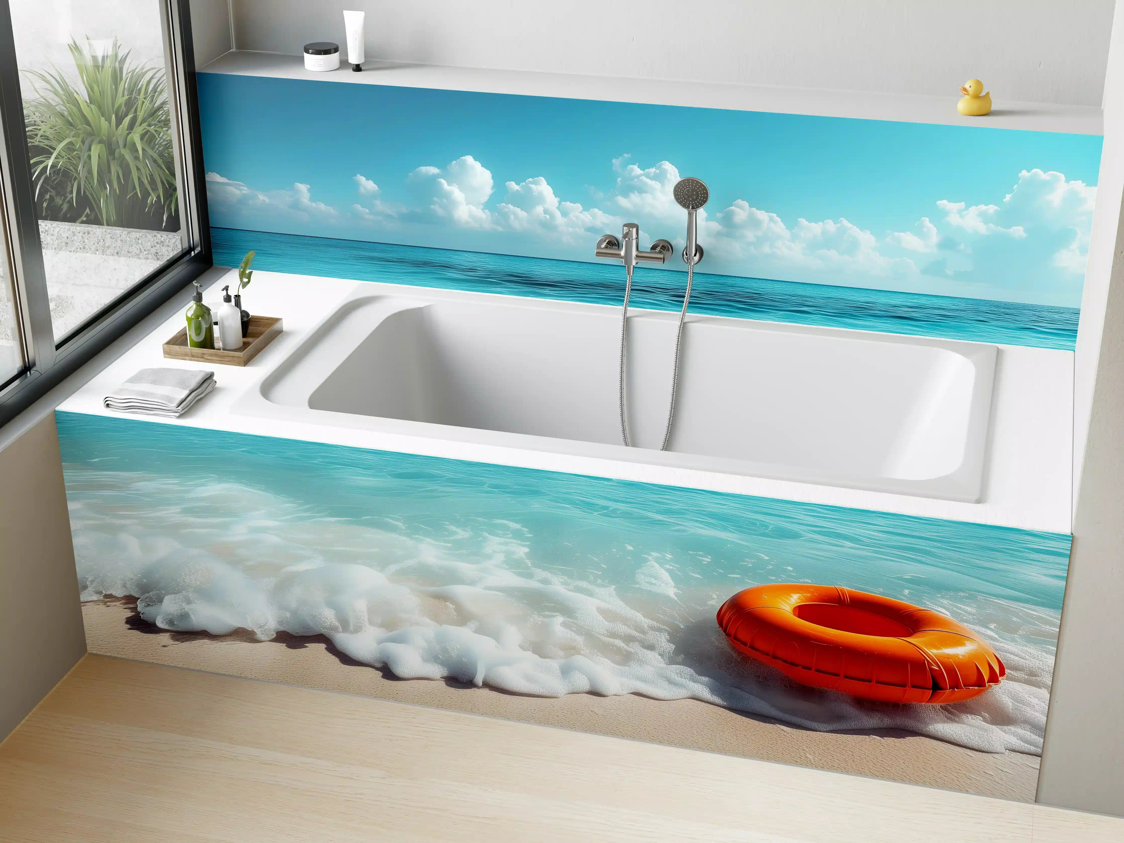 Badewannen-Rückwand - Strand mit orangefarbener Schwimmringe