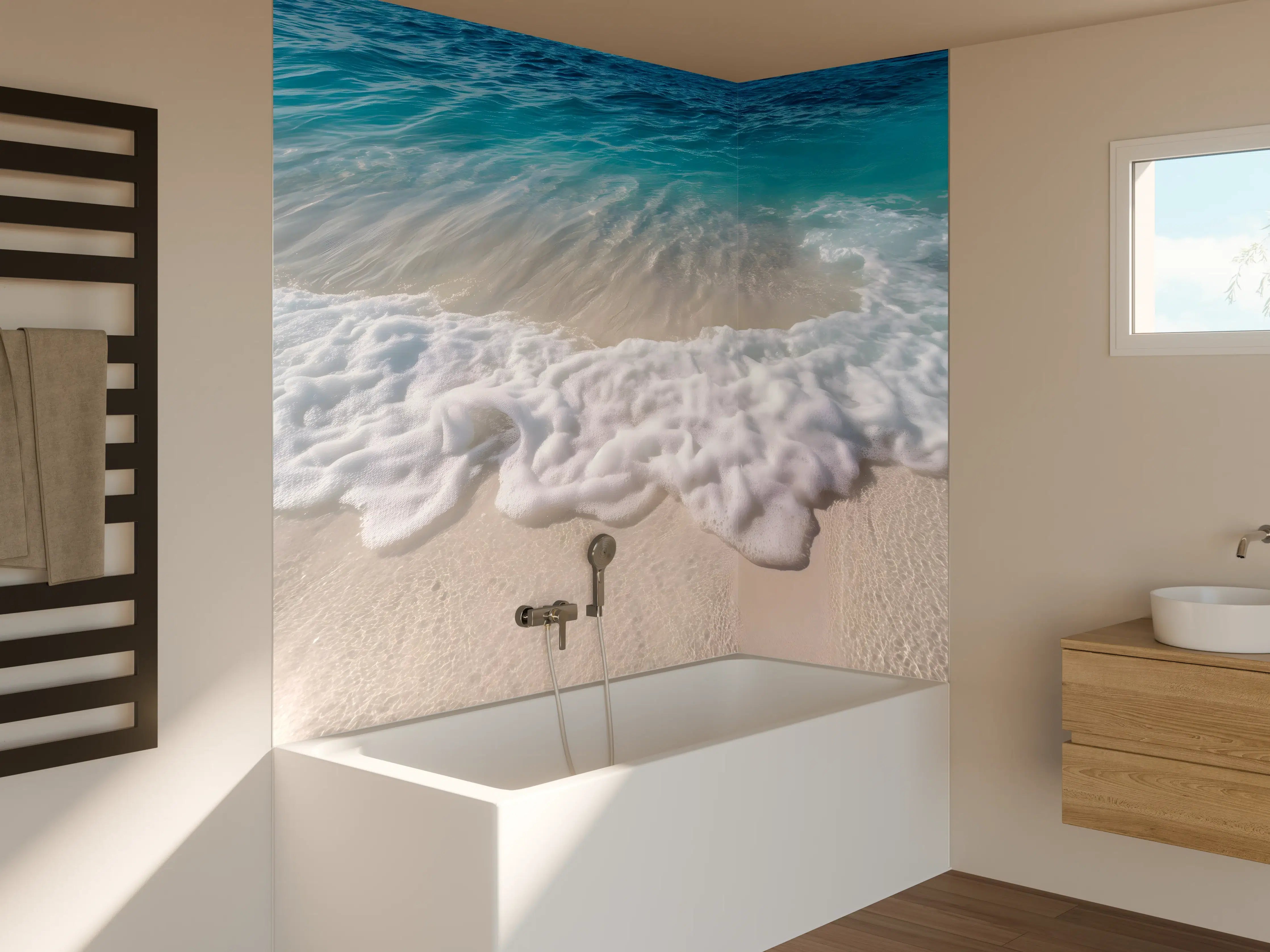 Badewannen-Rückwand - Strand mit sanften Wellen und Schaum