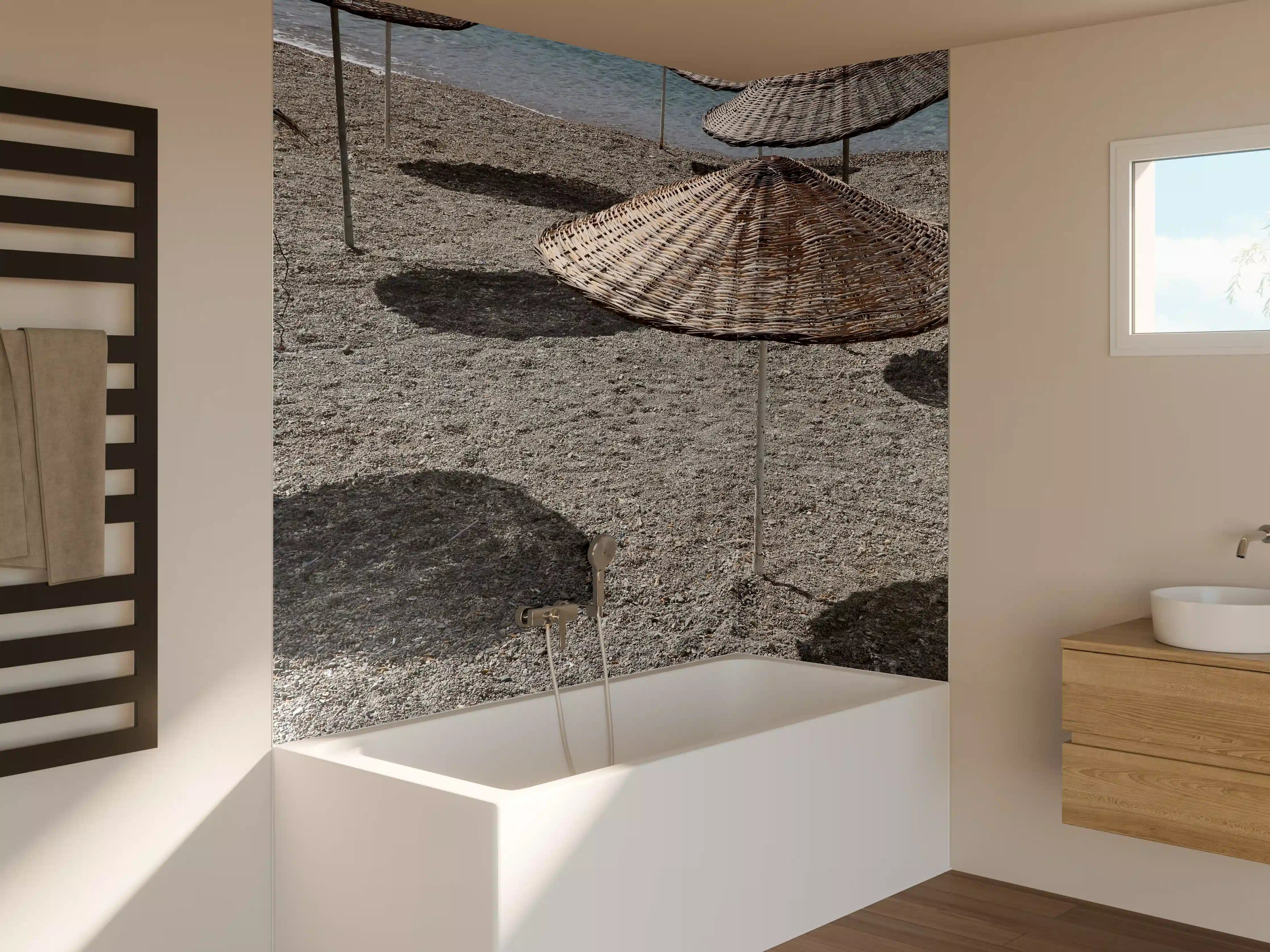 Badewannen-Rückwand - Strandidylle mit Schattenplätzen