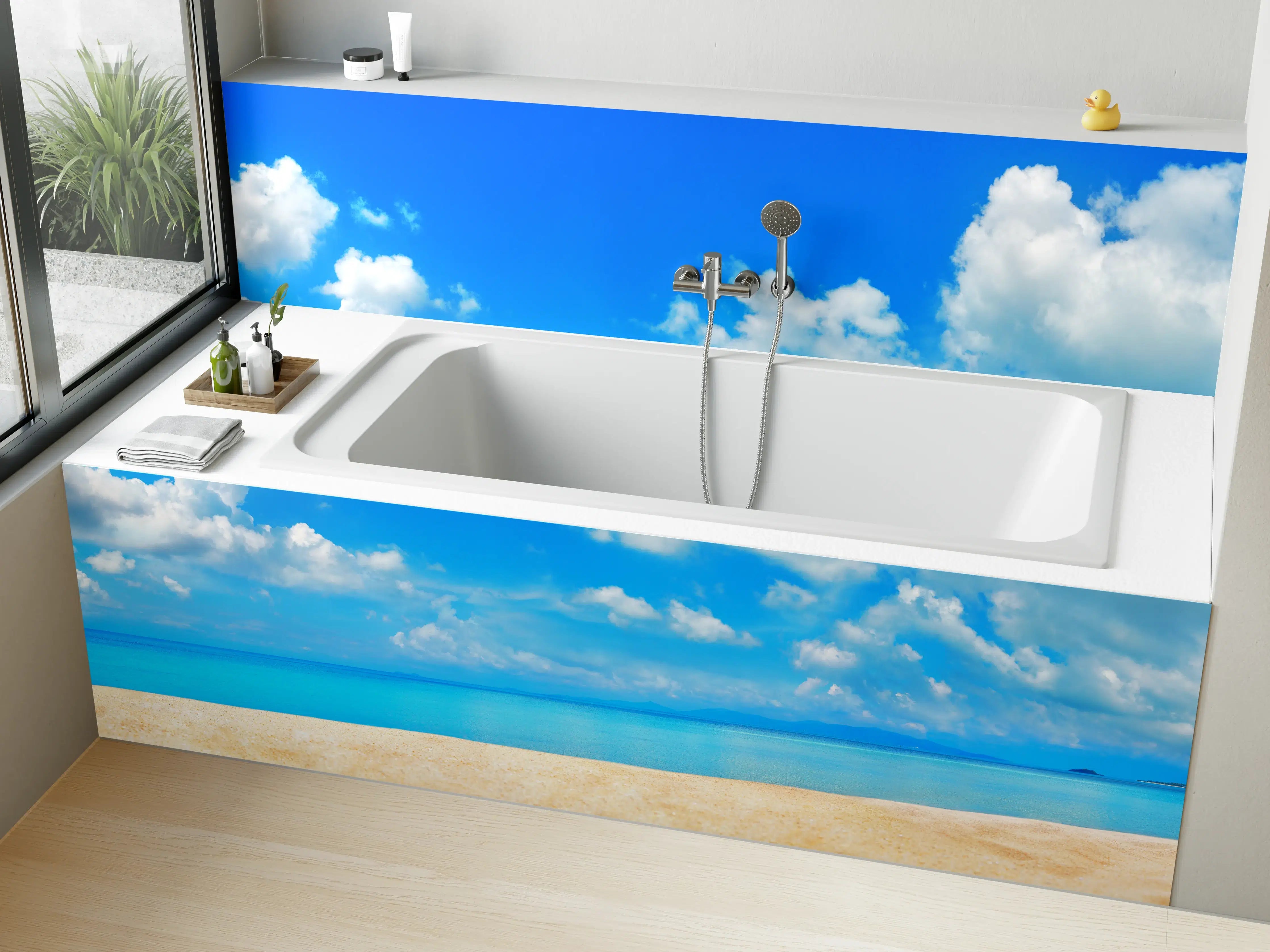 Badewannen-Rückwand - Strandlandschaft unter blauem Himmel