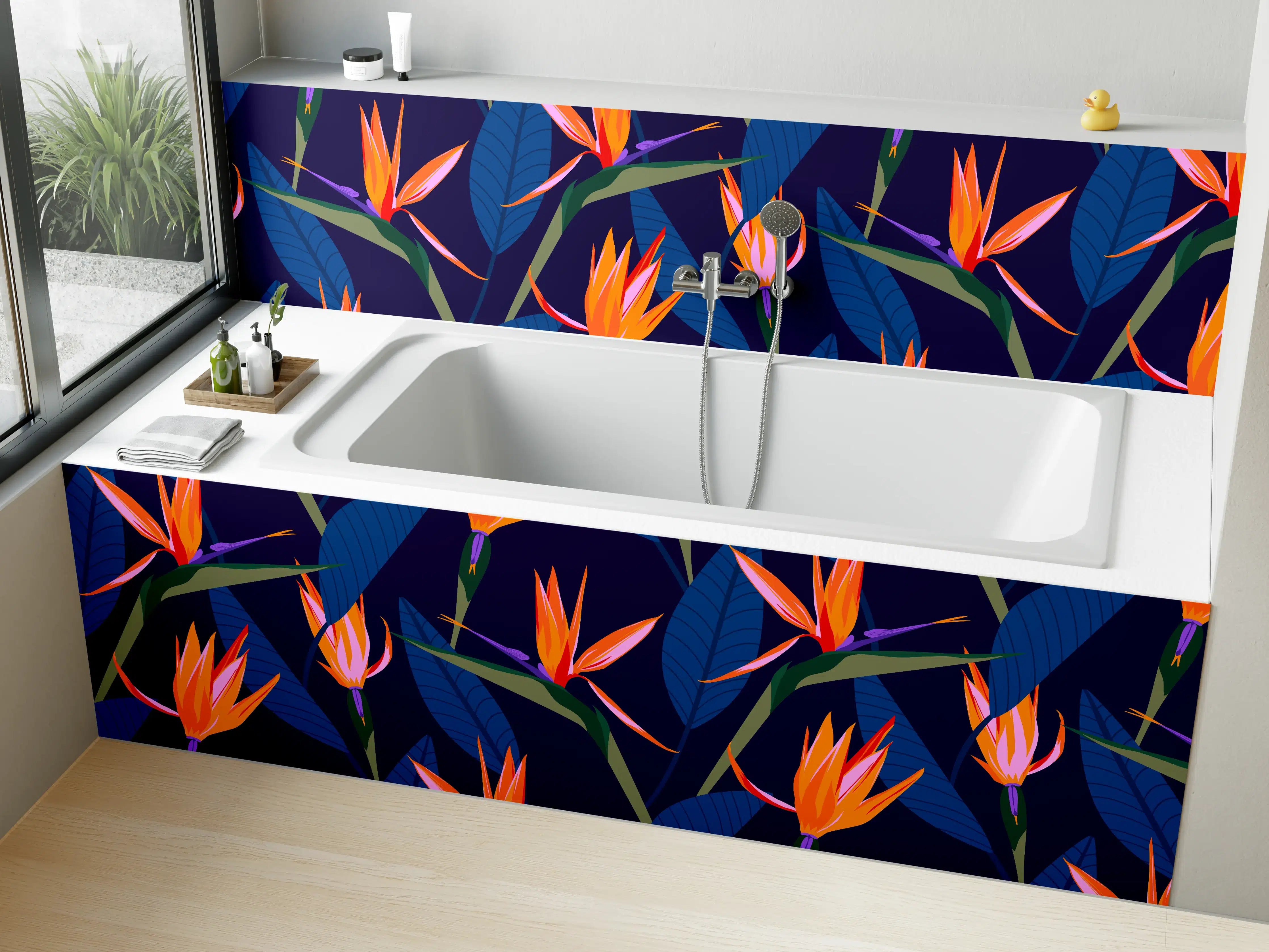 Badewannen-Rückwand - Strelitzia Nacht – Tropische Blumen
