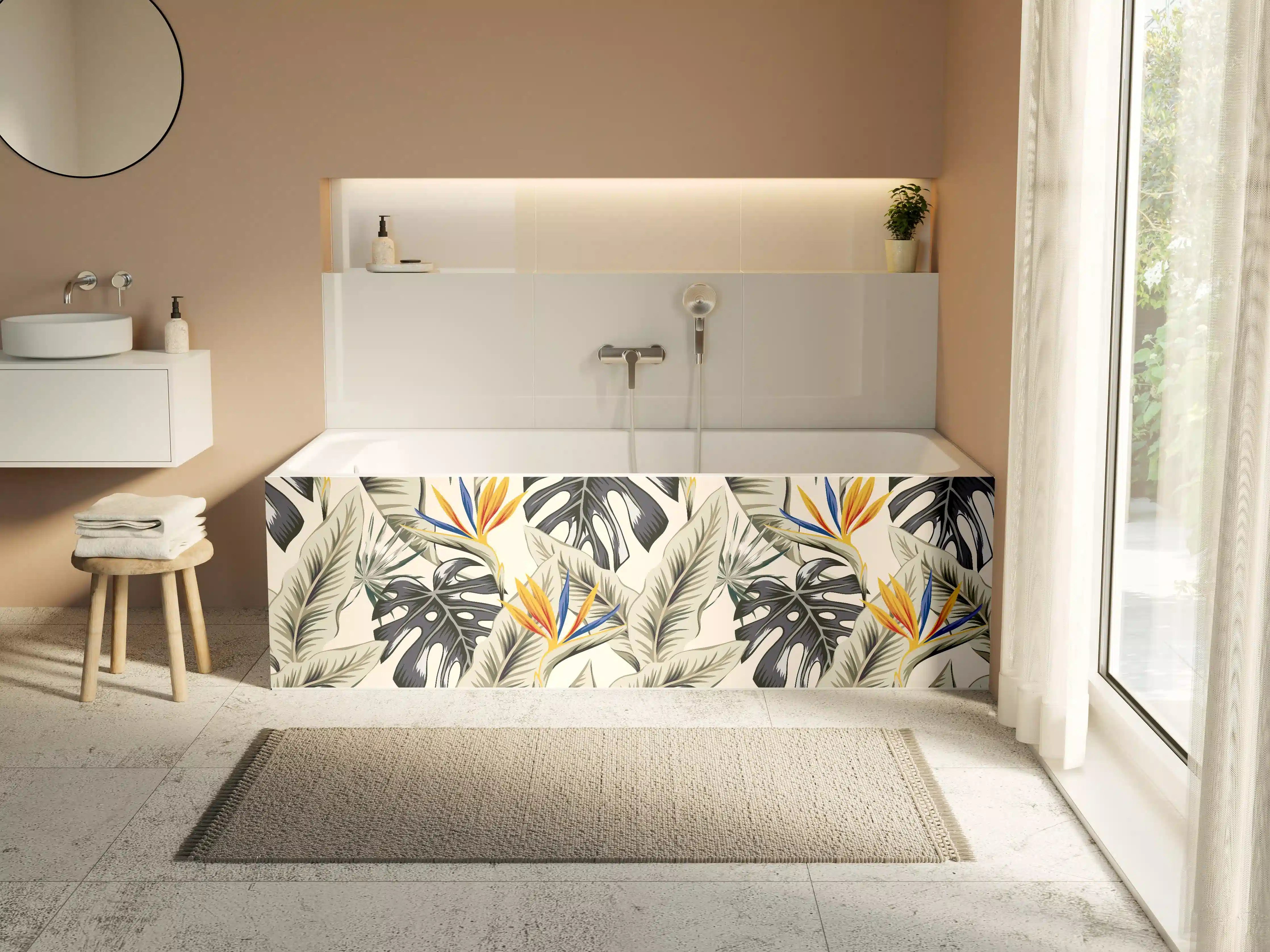 Badewannen-Rückwand - Strelitzia Tropenblätter Beige-Orange