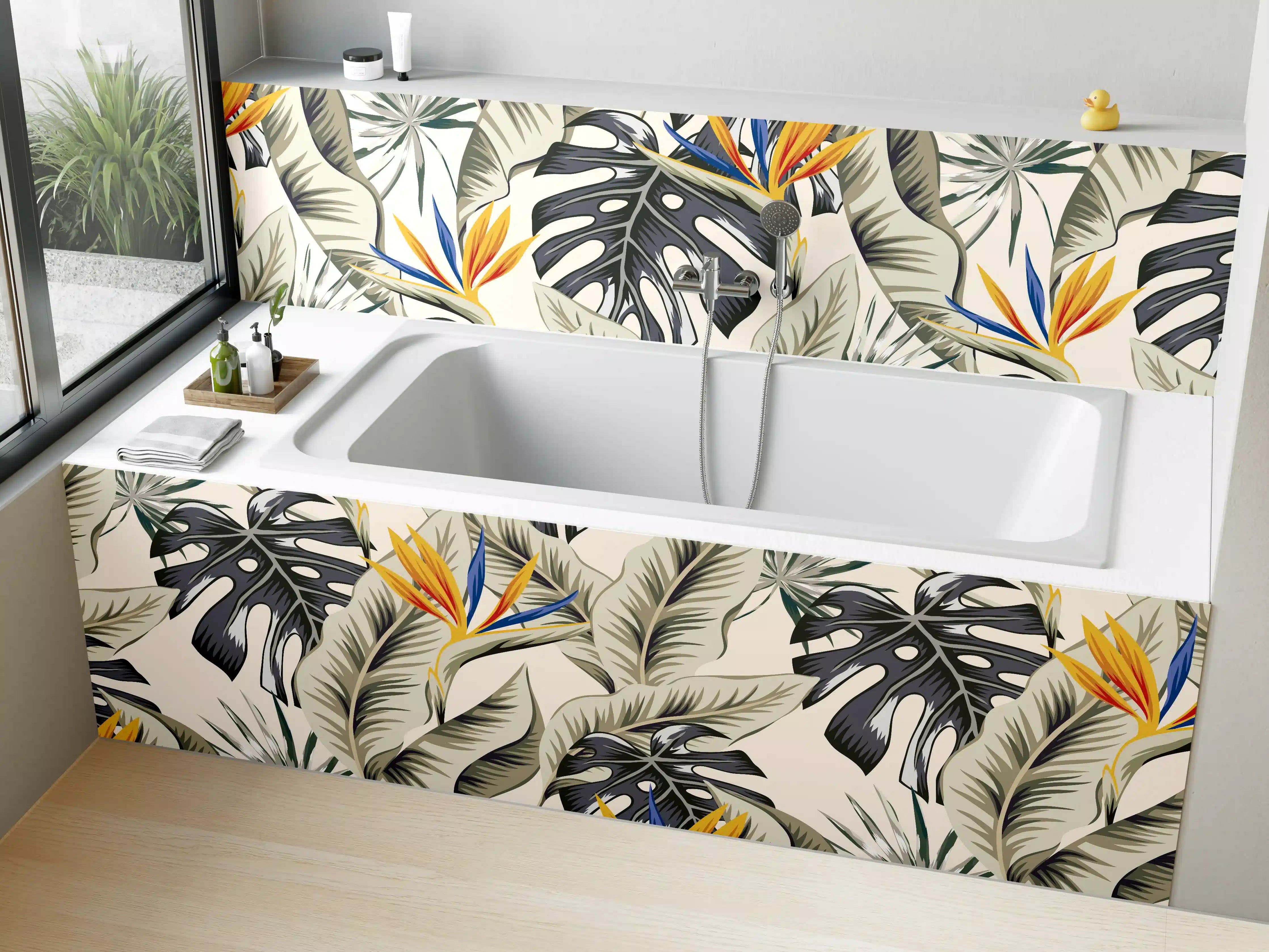 Badewannen-Rückwand - Strelitzia Tropenblätter Beige-Orange