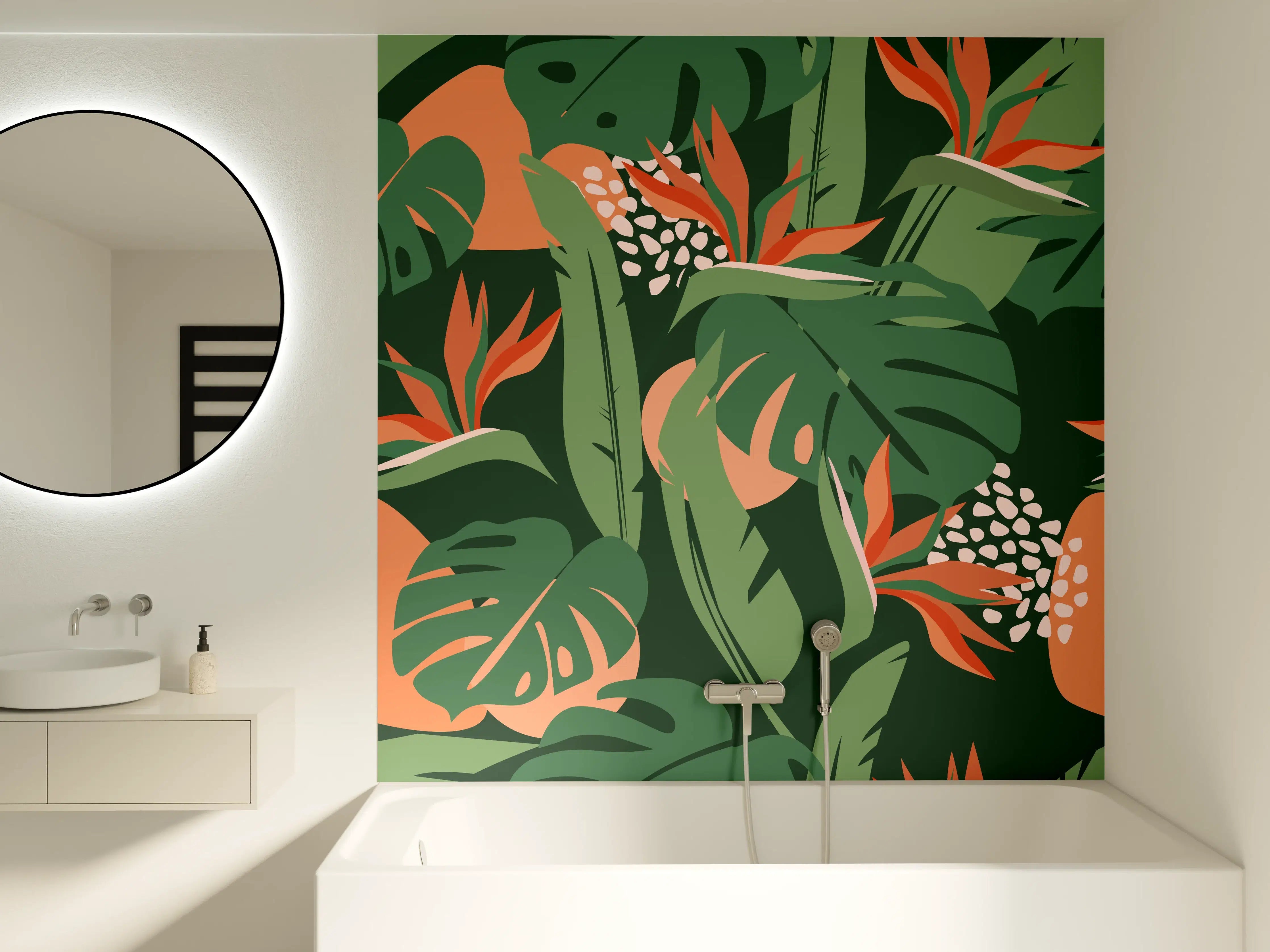 Badewannen-Rückwand - Strelitzia Tropenblatt Grün-Orange