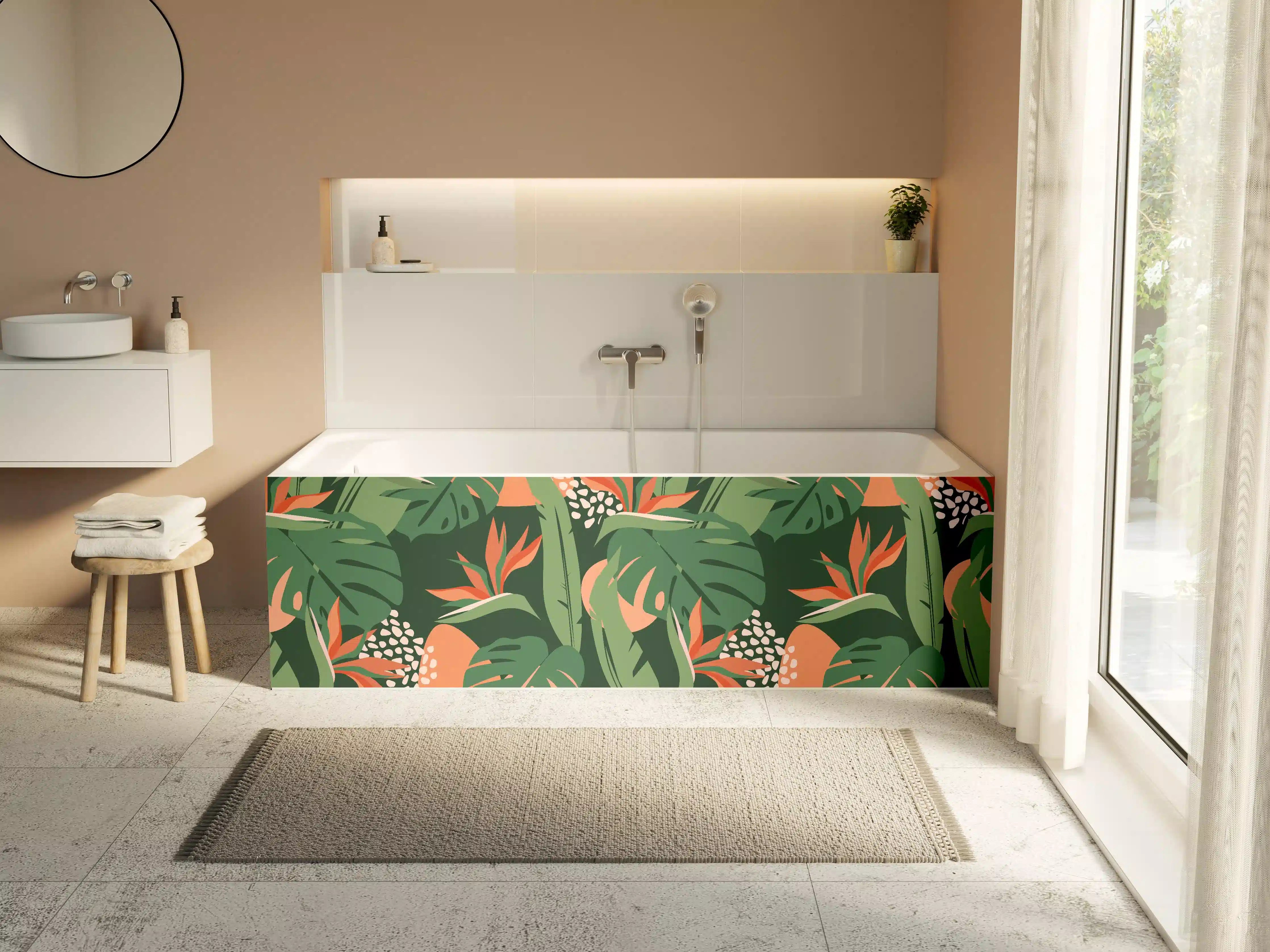 Badewannen-Rückwand - Strelitzia Tropenblatt Grün-Orange