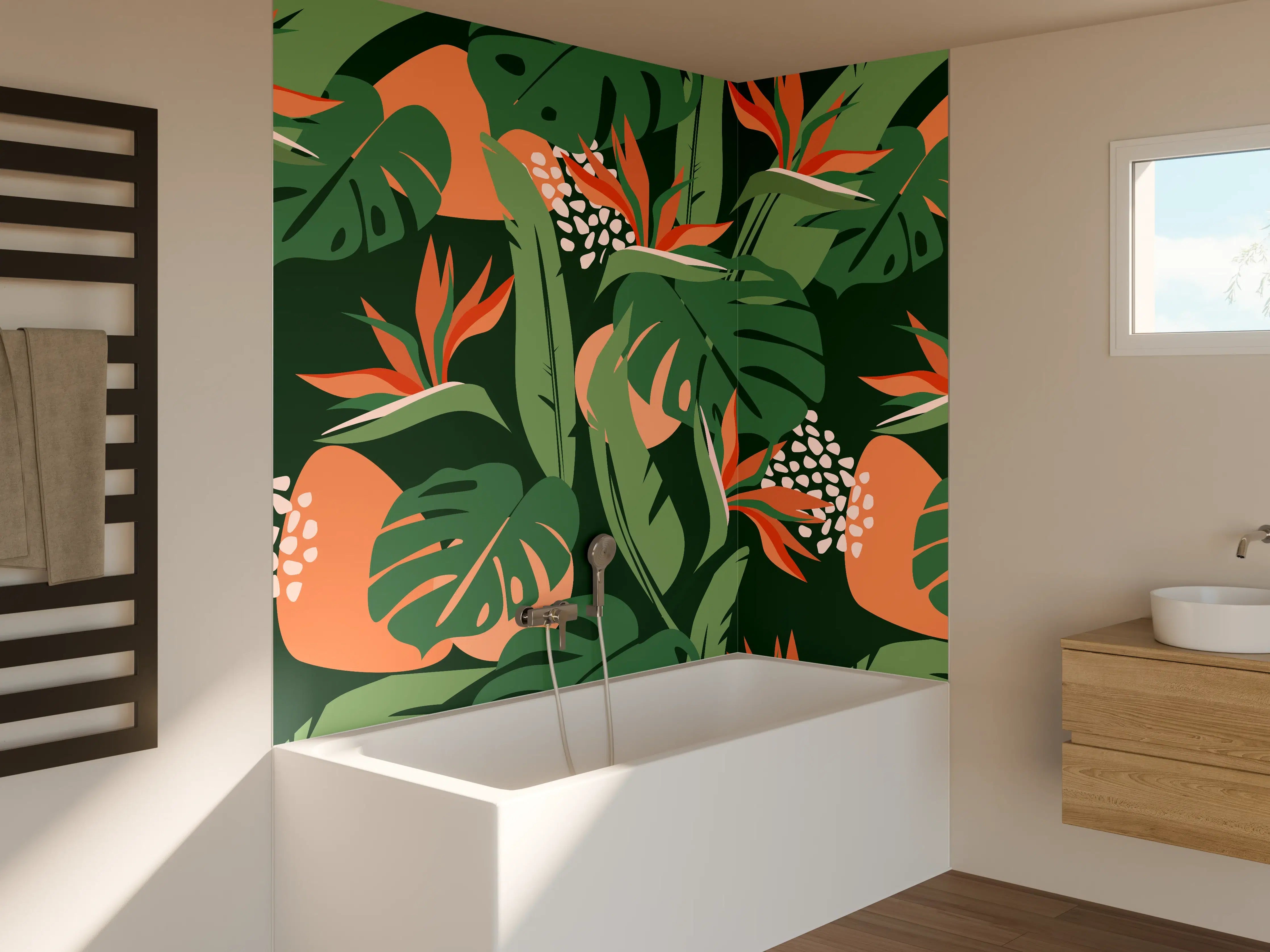 Badewannen-Rückwand - Strelitzia Tropenblatt Grün-Orange