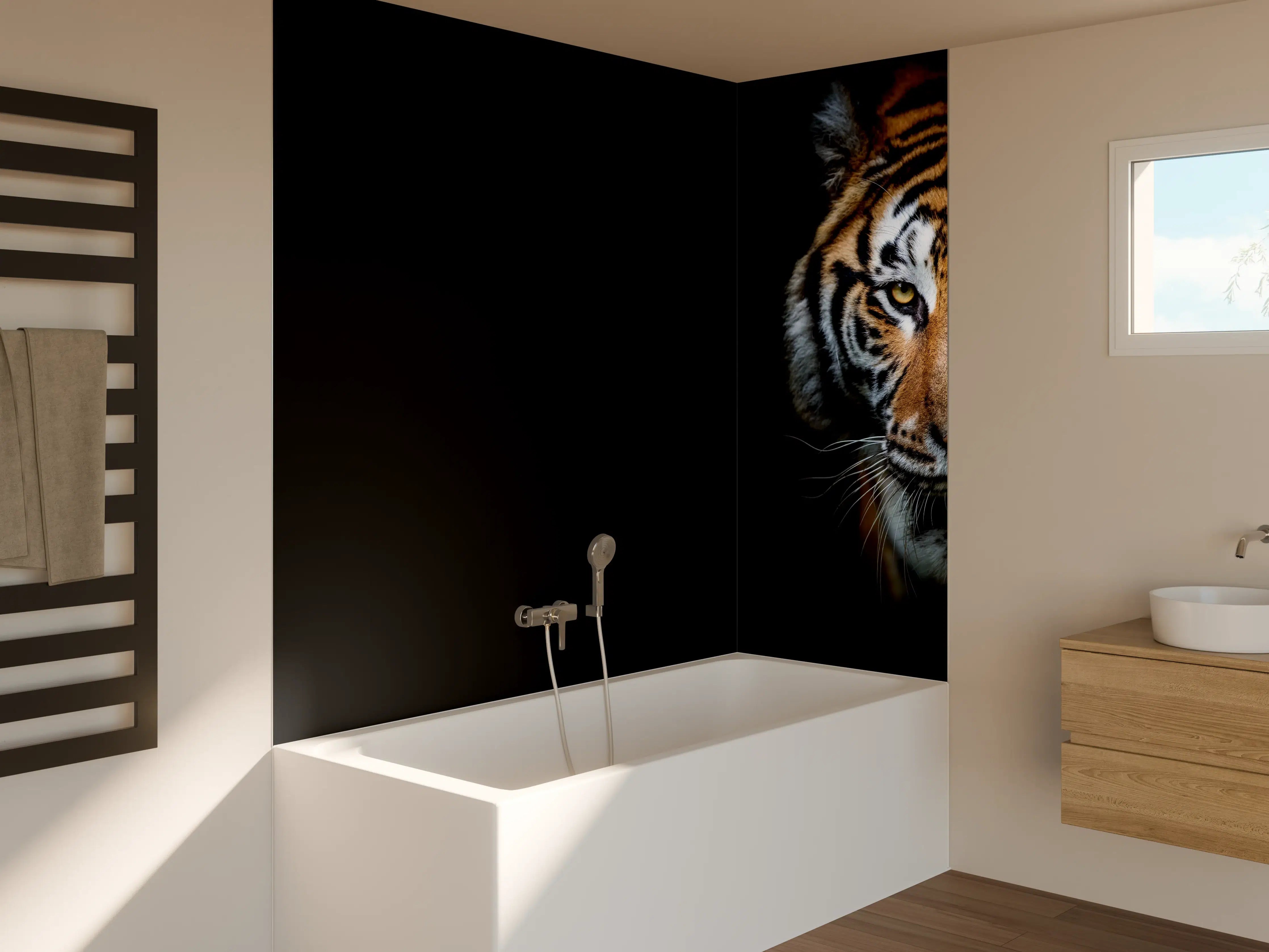 Badewannen-Rückwand - Tiger auf schwarzem Hintergrund