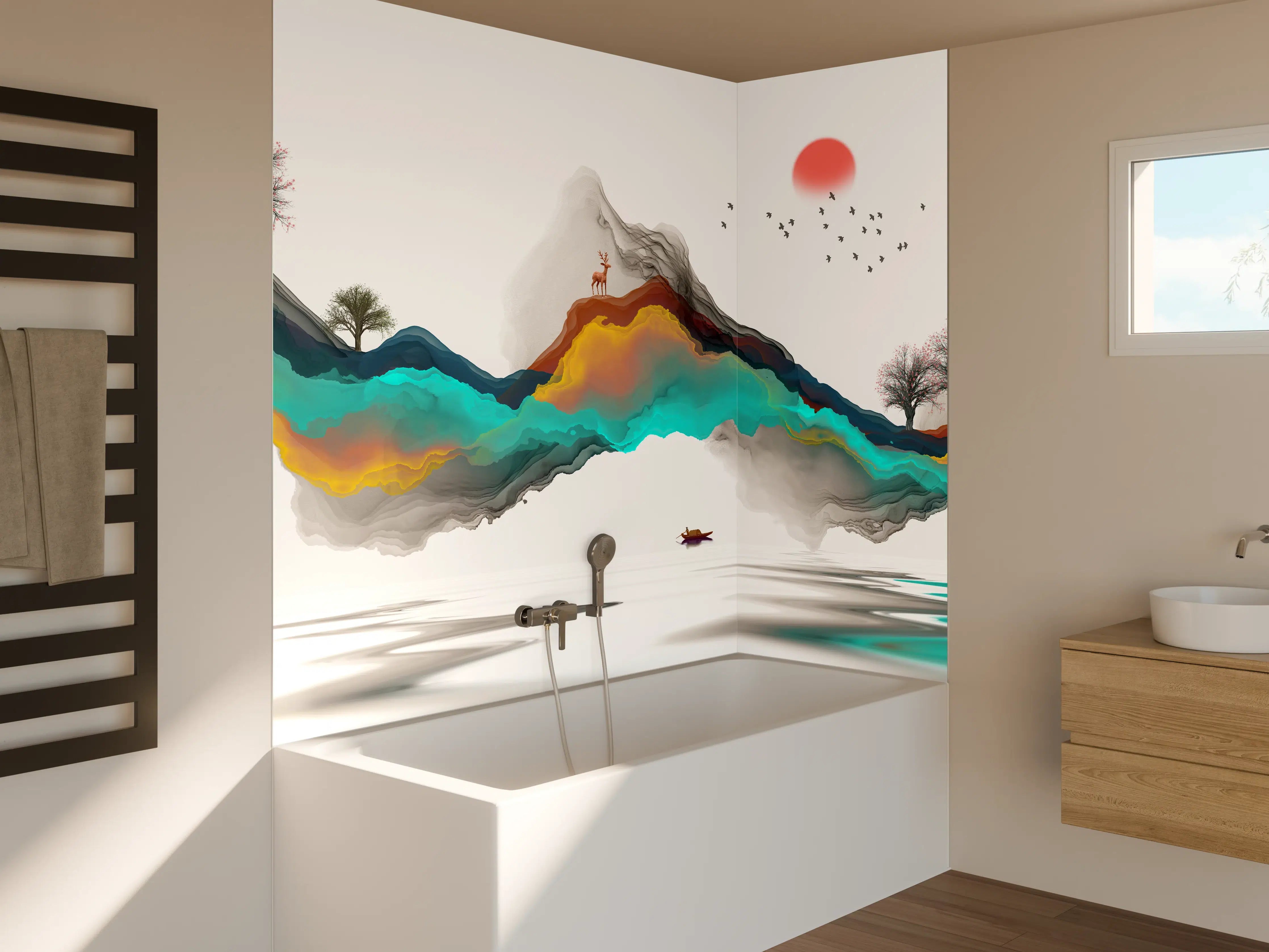 Badewannen-Rückwand - Tinte Linie Dekoration Landschaft