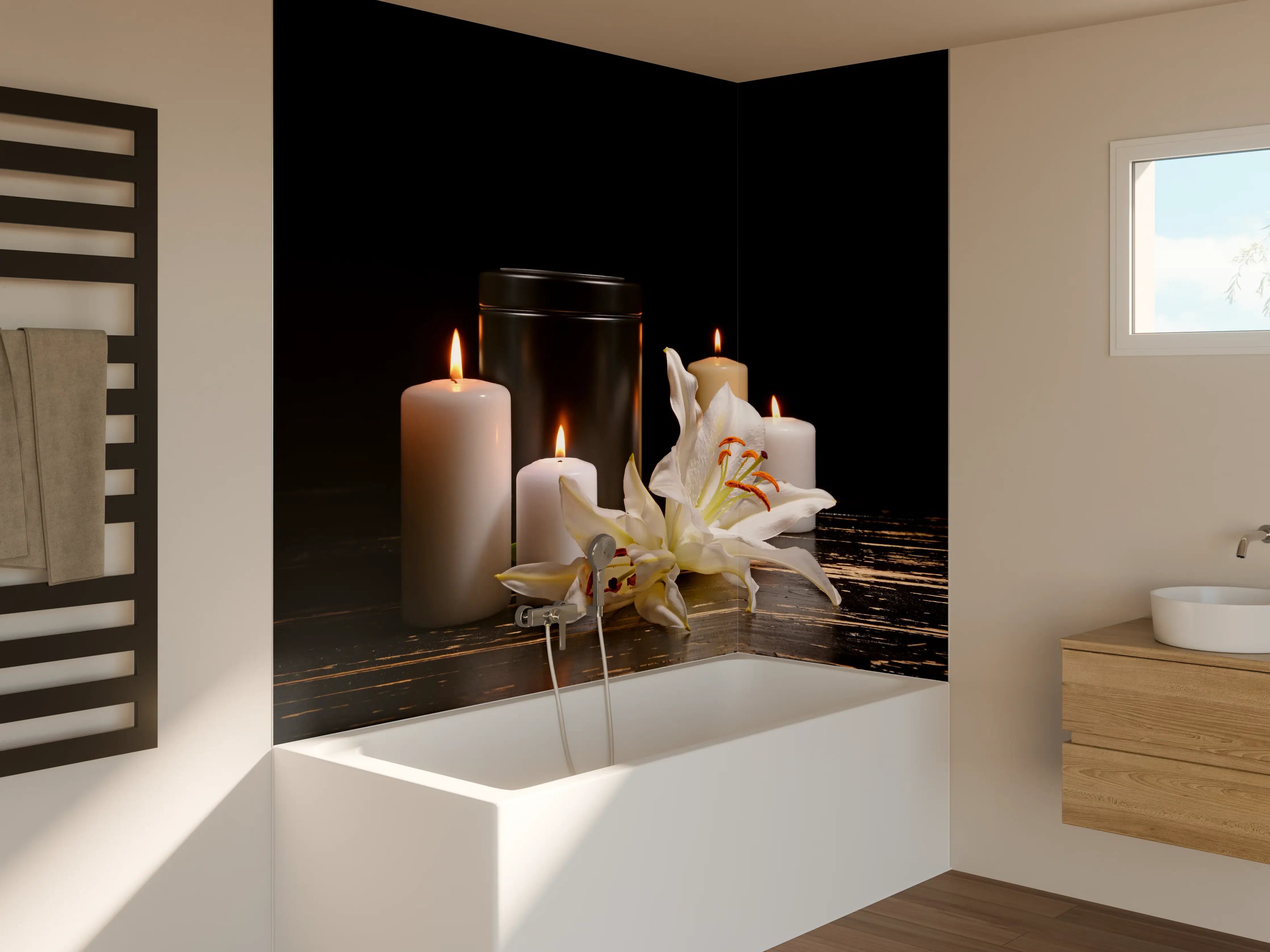 Badewannen-Rückwand - Totenurne mit Kerzen und Blume