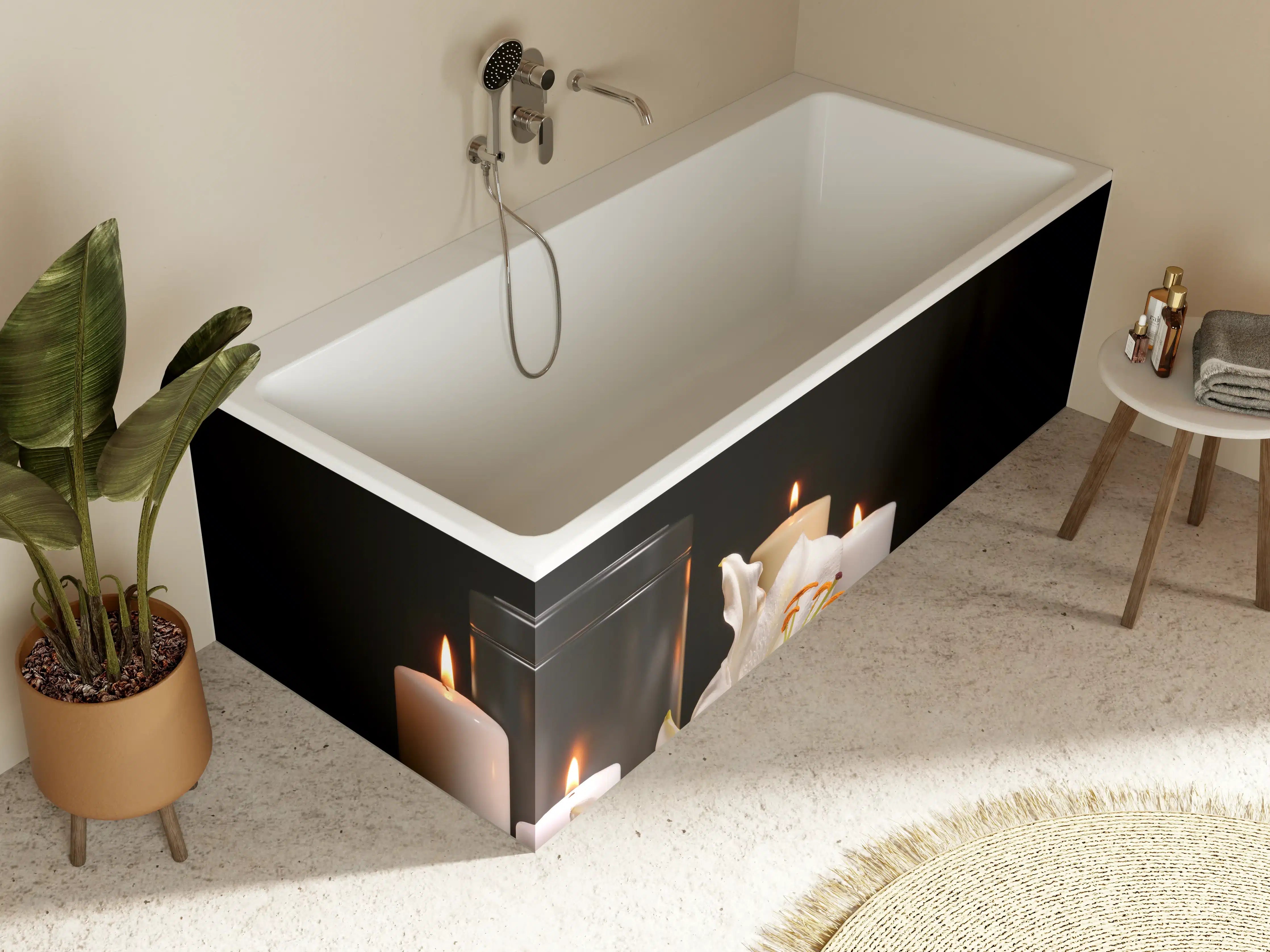 Badewannen-Rückwand - Totenurne mit Kerzen und Blume