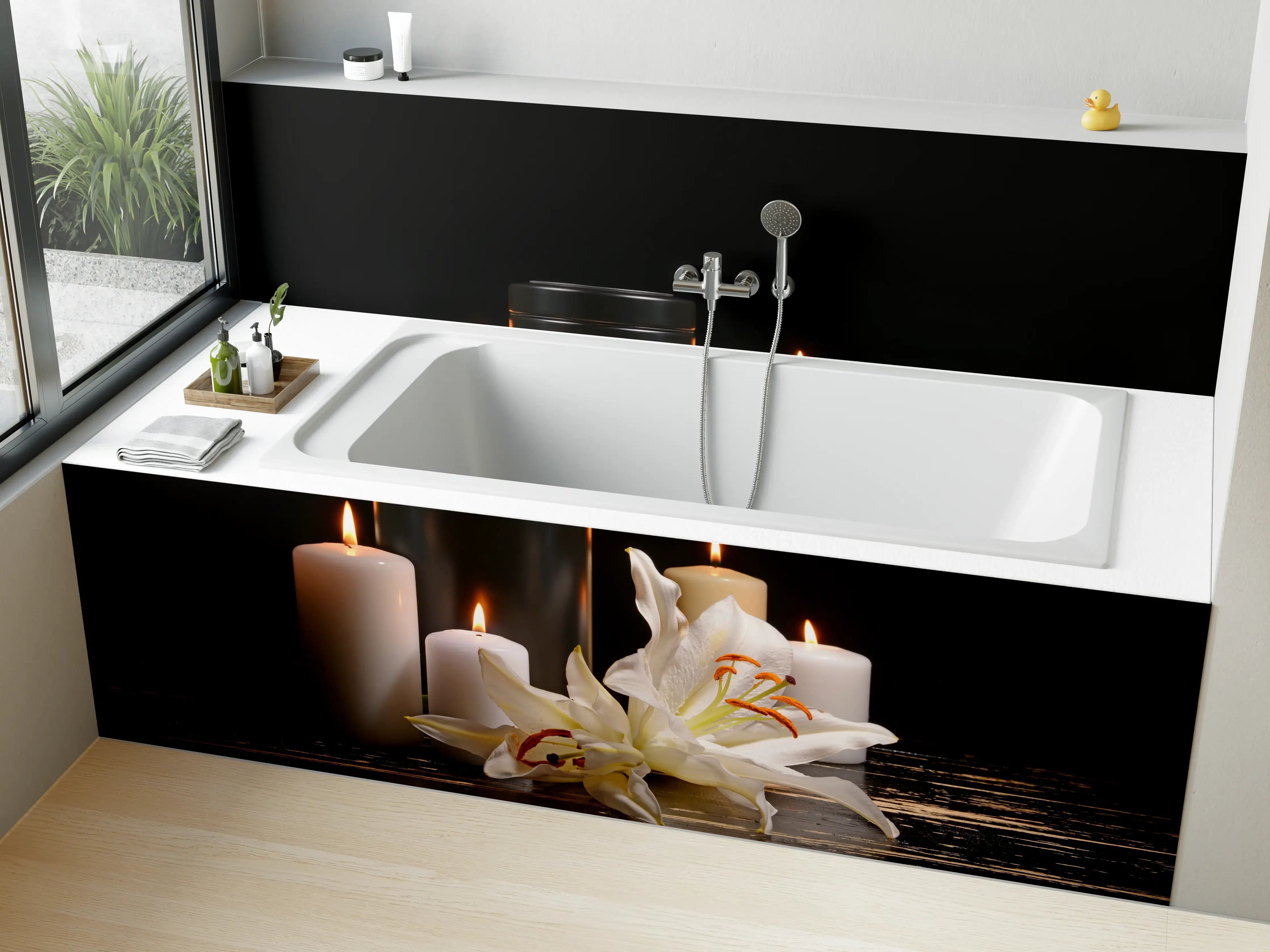Badewannen-Rückwand - Totenurne mit Kerzen und Blume
