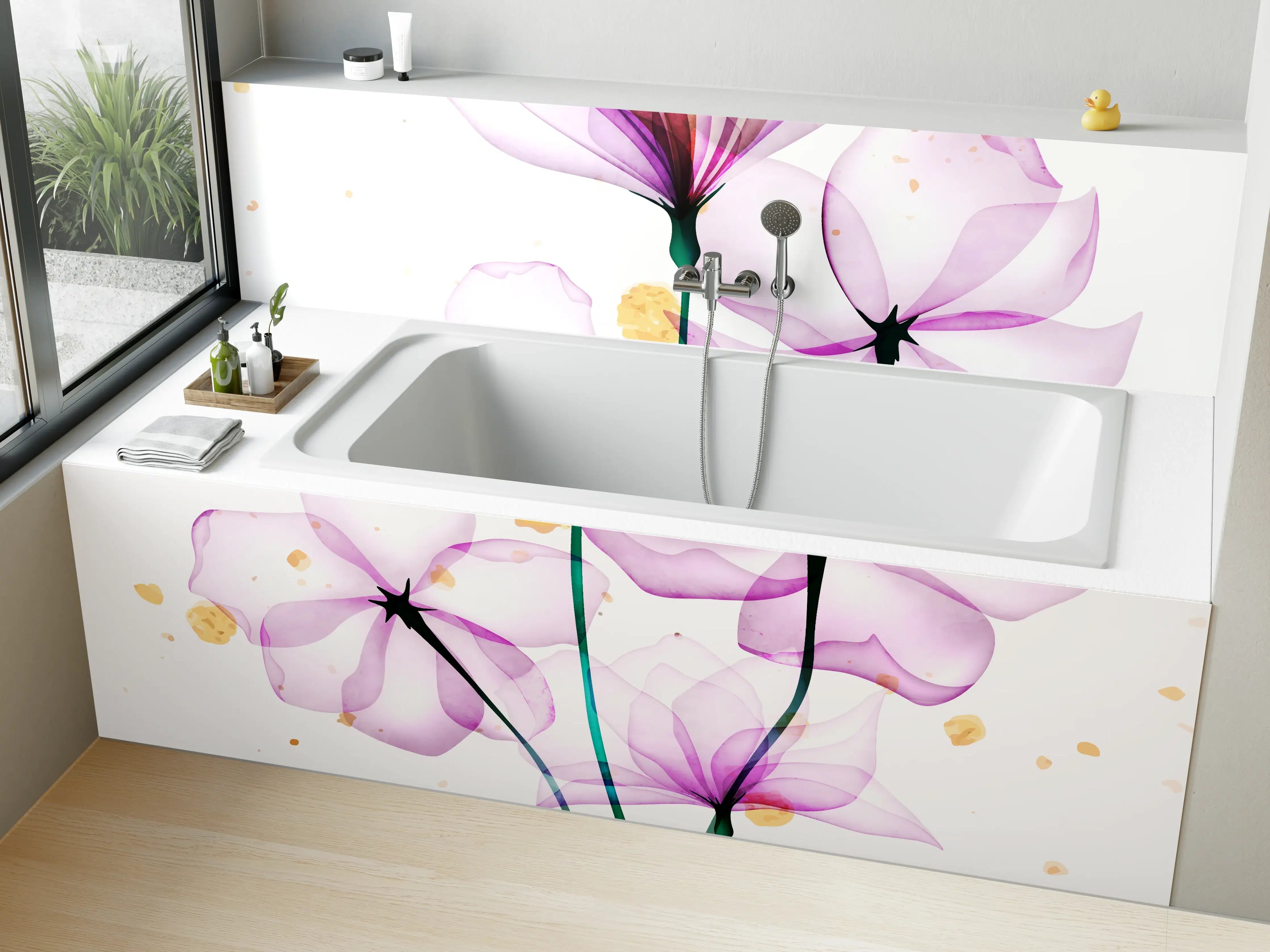 Badewannen-Rückwand - Transluzente Blüten Aquarell-Effekt