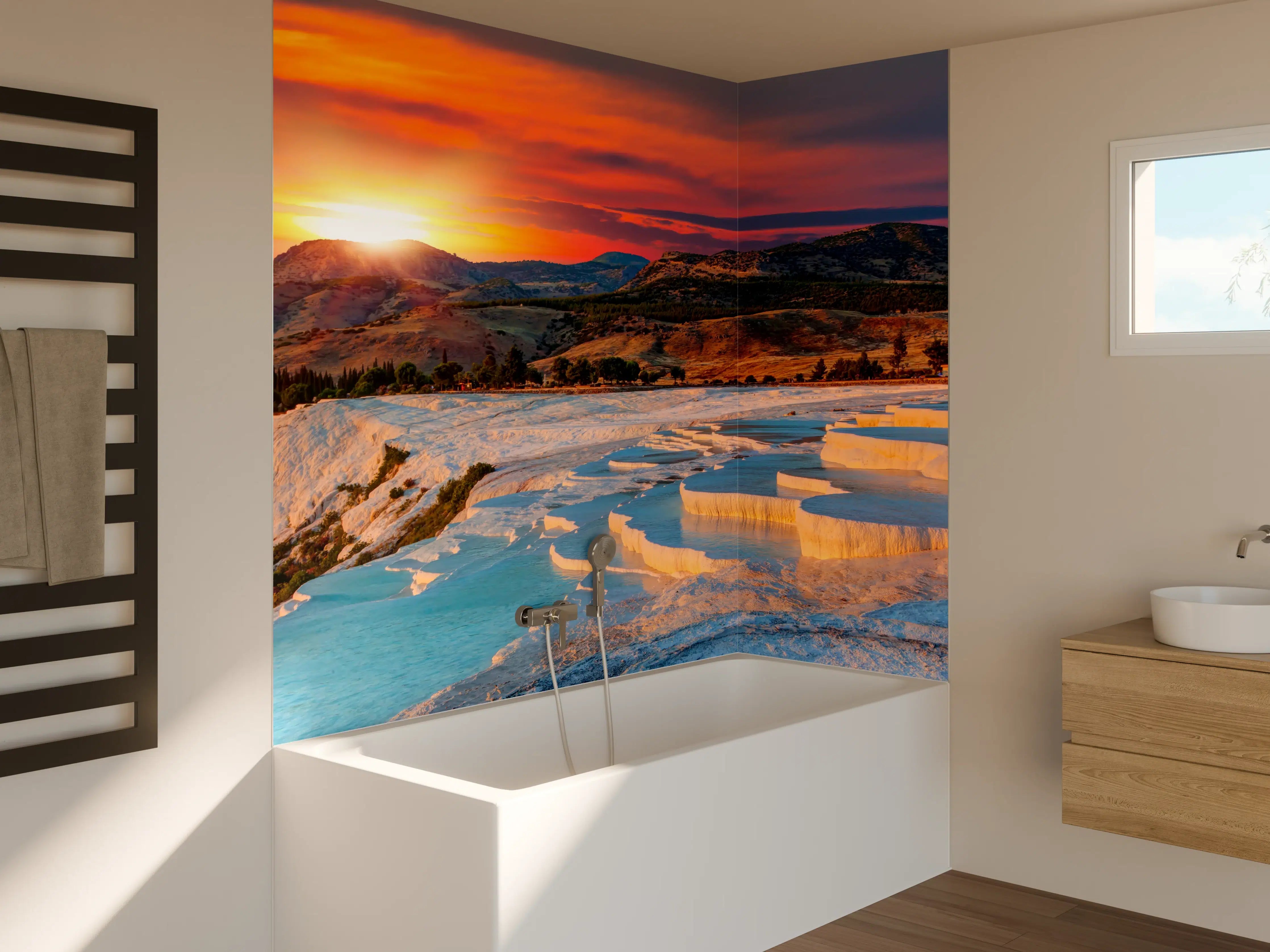 Badewannen-Rückwand - Travertinbecken in Pamukkale am Abend
