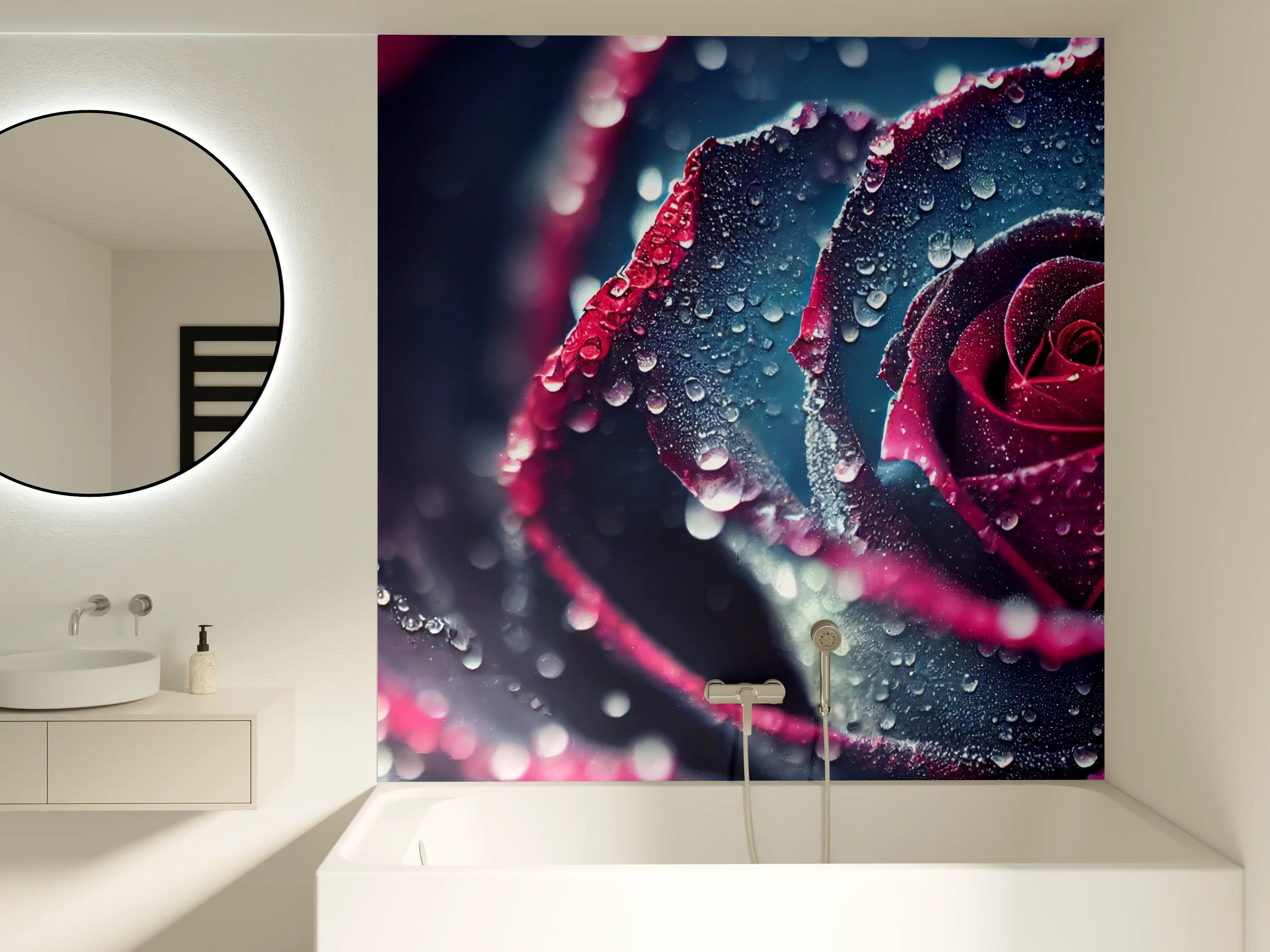 Badewannen-Rückwand - Tropfenbedeckte Rosen in Dunkelblau