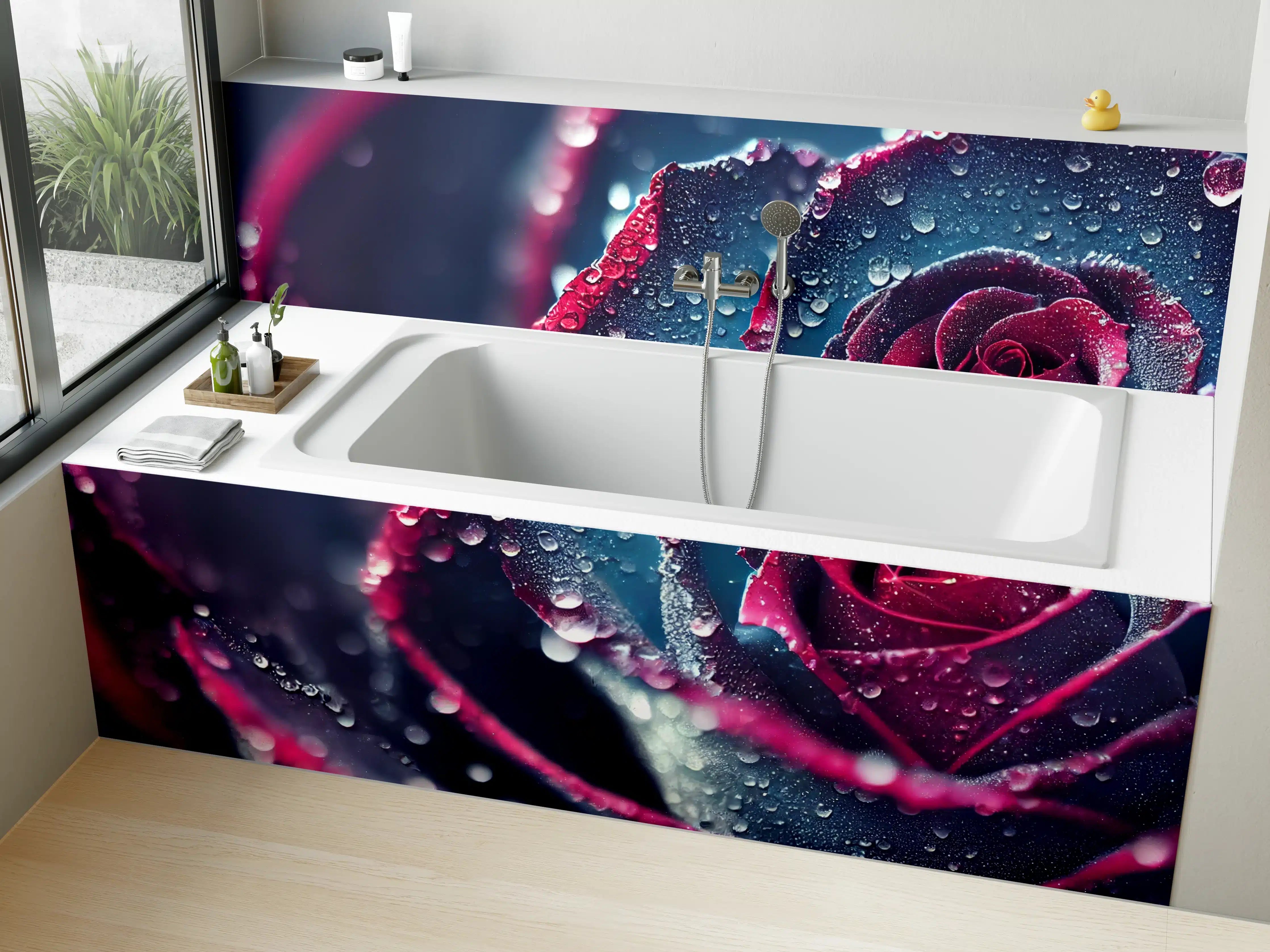 Badewannen-Rückwand - Tropfenbedeckte Rosen in Dunkelblau