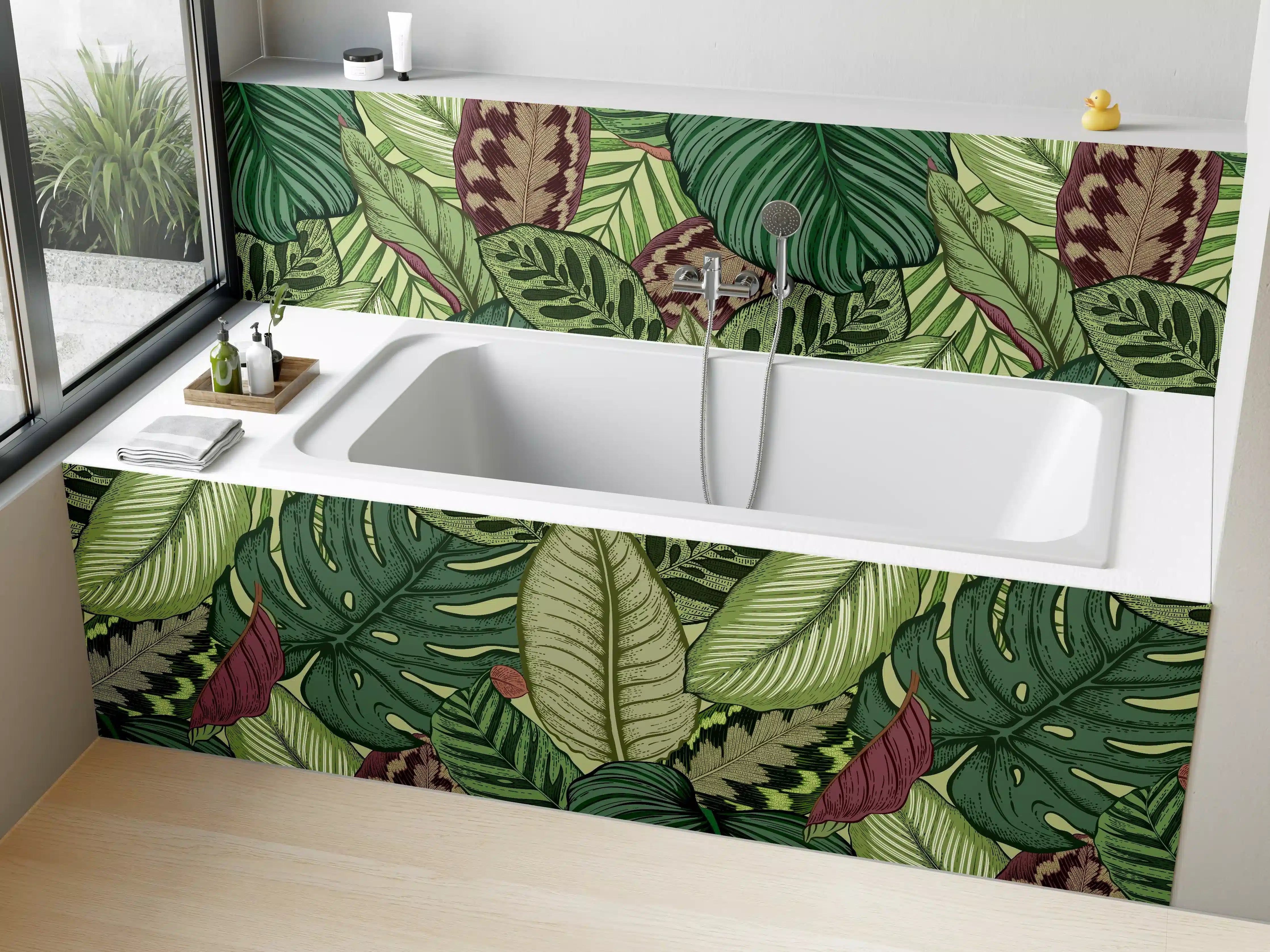 Badewannen-Rückwand - Tropische Blätter Grün-Beige