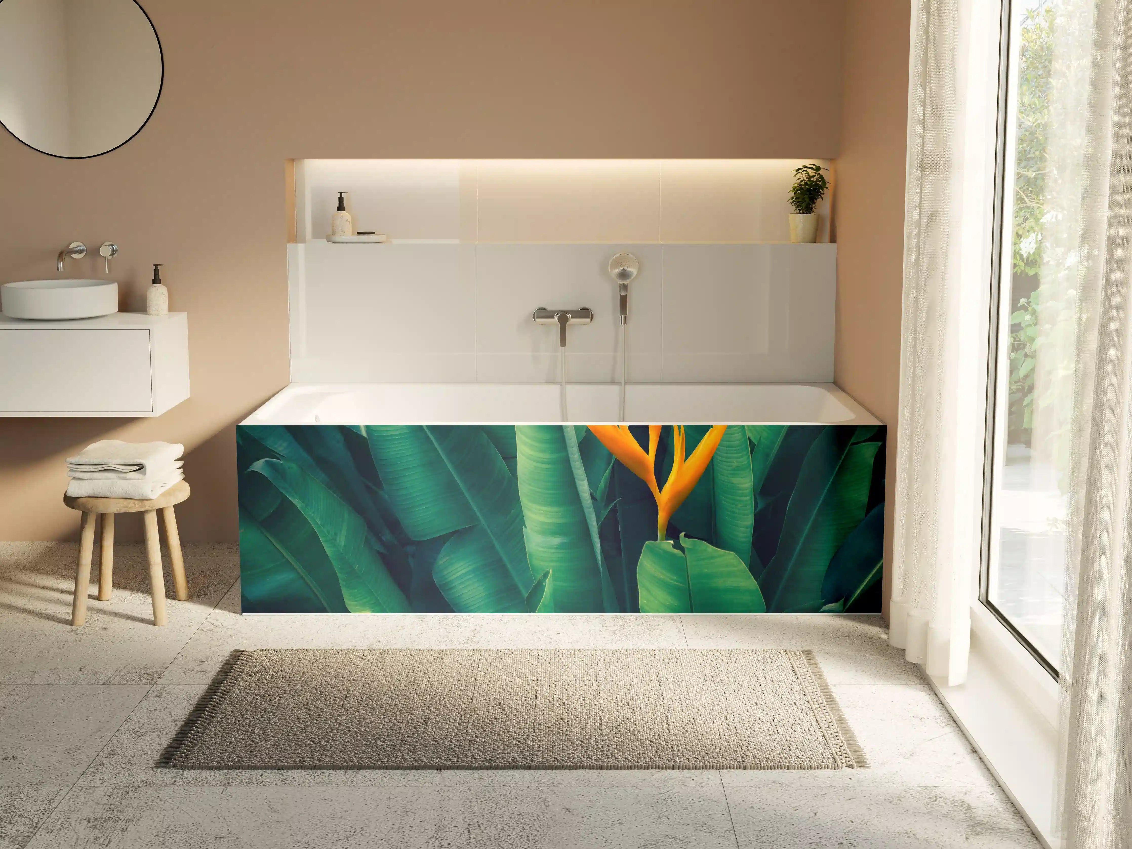 Badewannen-Rückwand - Tropische Blätter mit orangefarbiger Blume