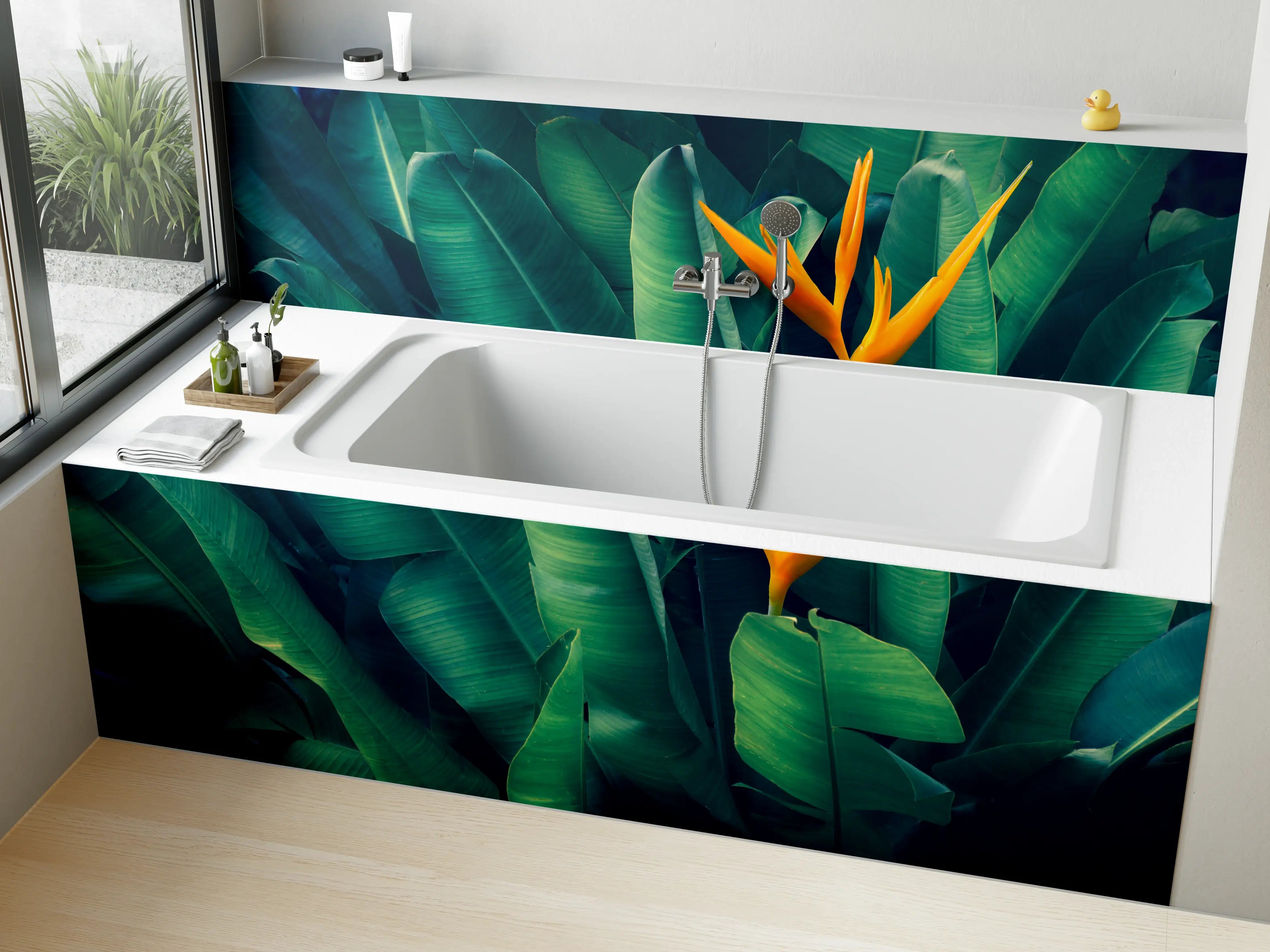 Badewannen-Rückwand - Tropische Blätter mit orangefarbiger Blume