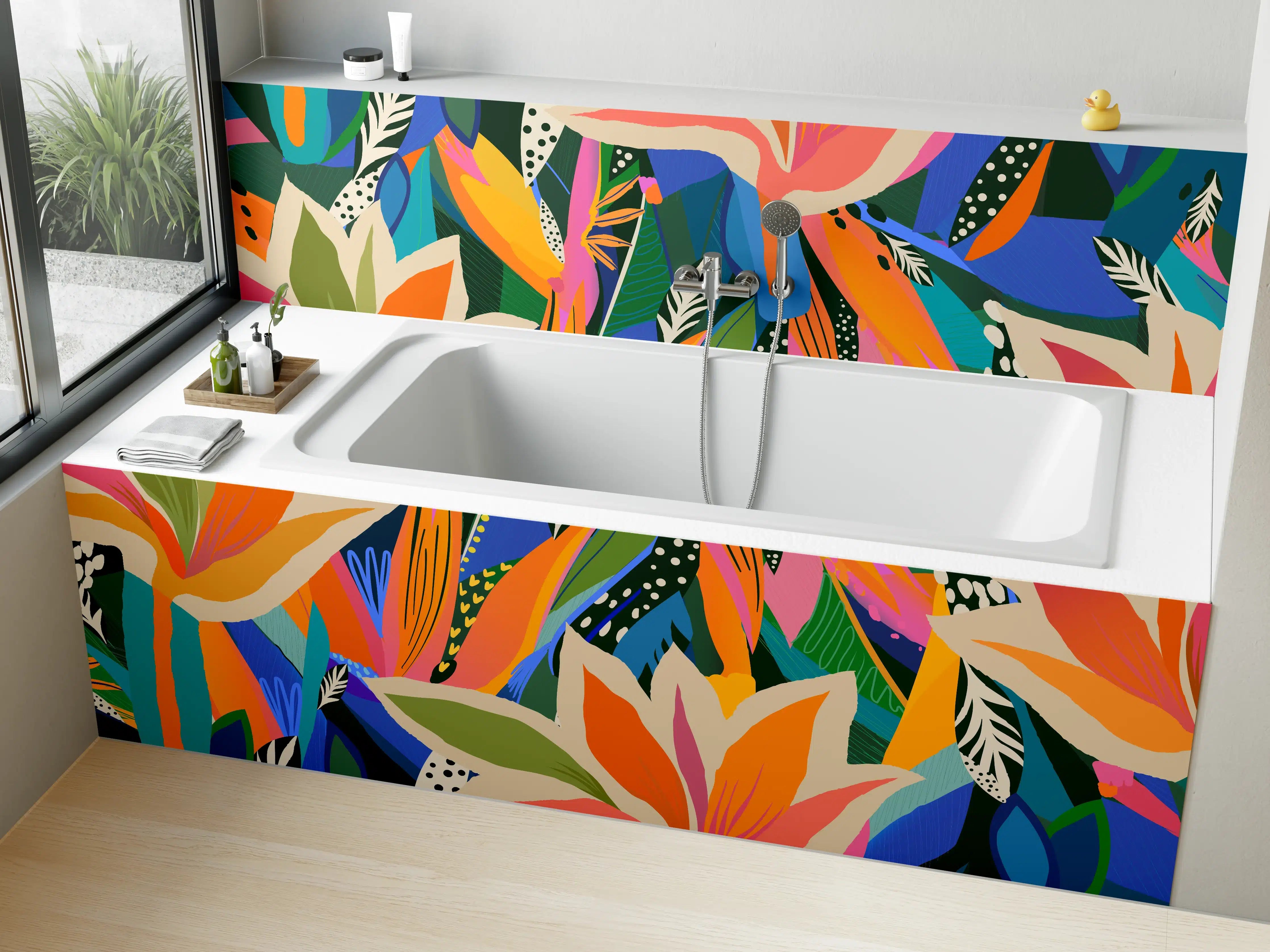 Badewannen-Rückwand - Tropische Blüten Blau-Orange-Grün