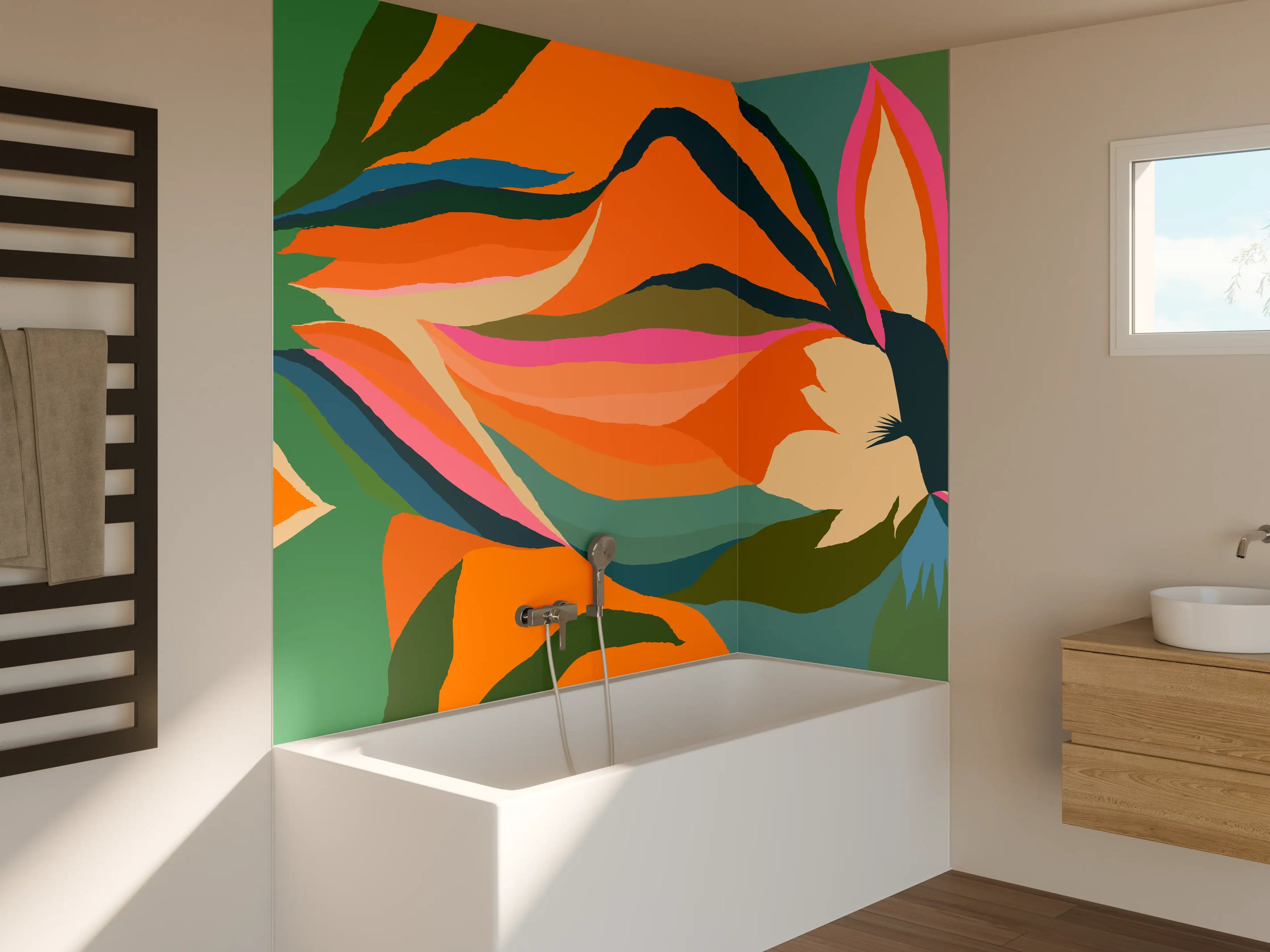 Badewannen-Rückwand - Tropische Blüten in Orange
