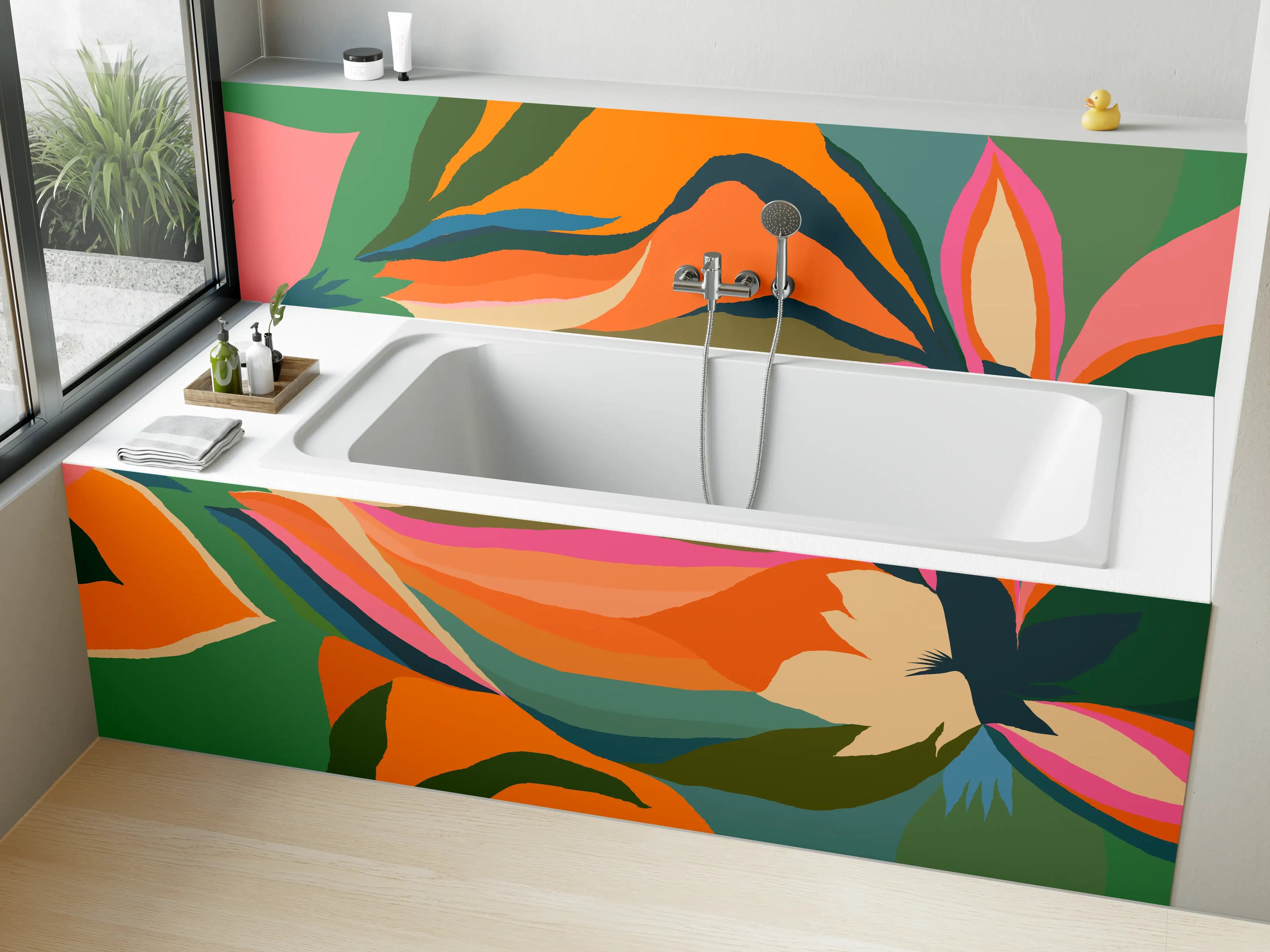 Badewannen-Rückwand - Tropische Blüten in Orange