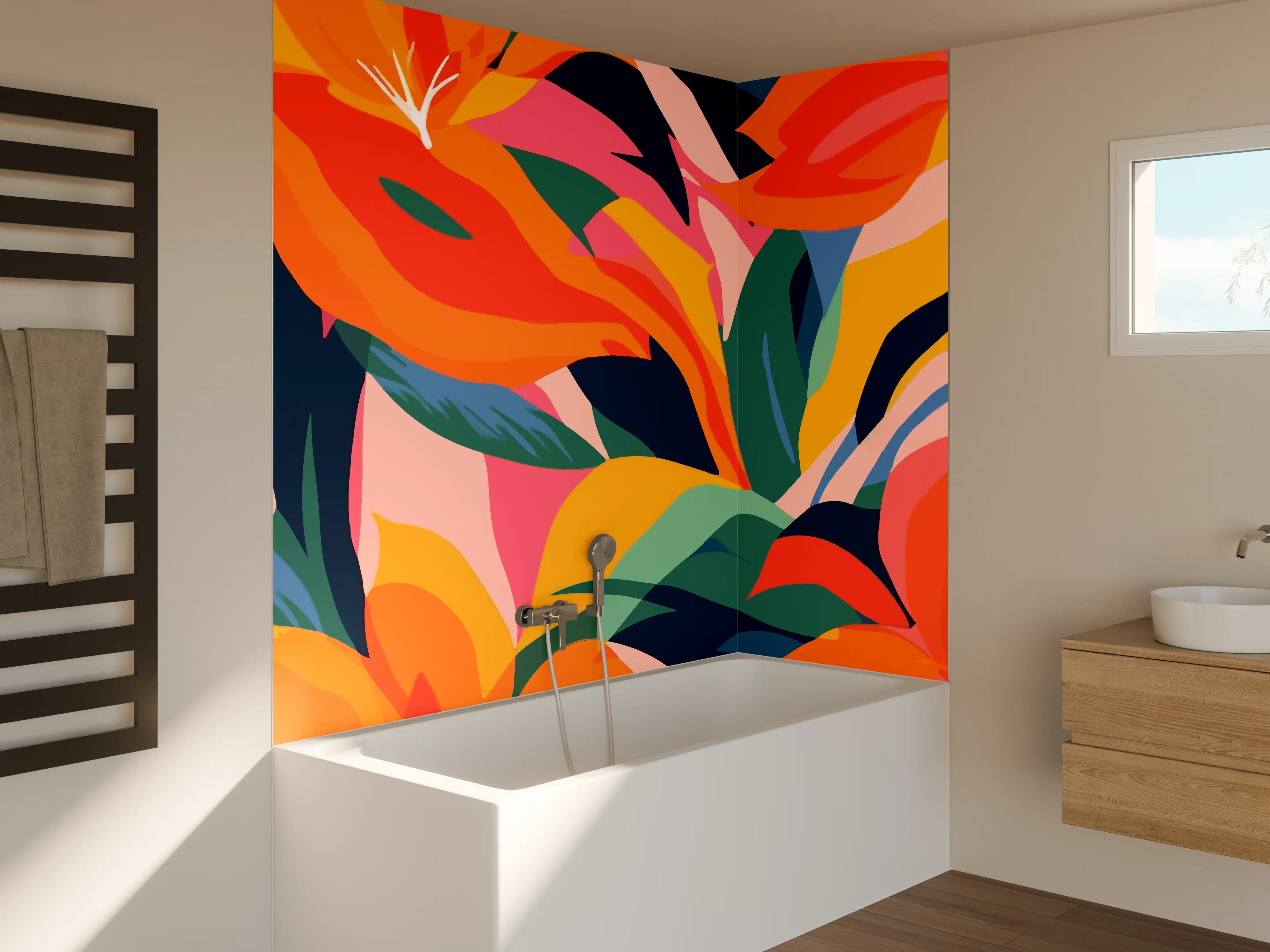 Badewannen-Rückwand - Tropische Bunte Blumenillustration
