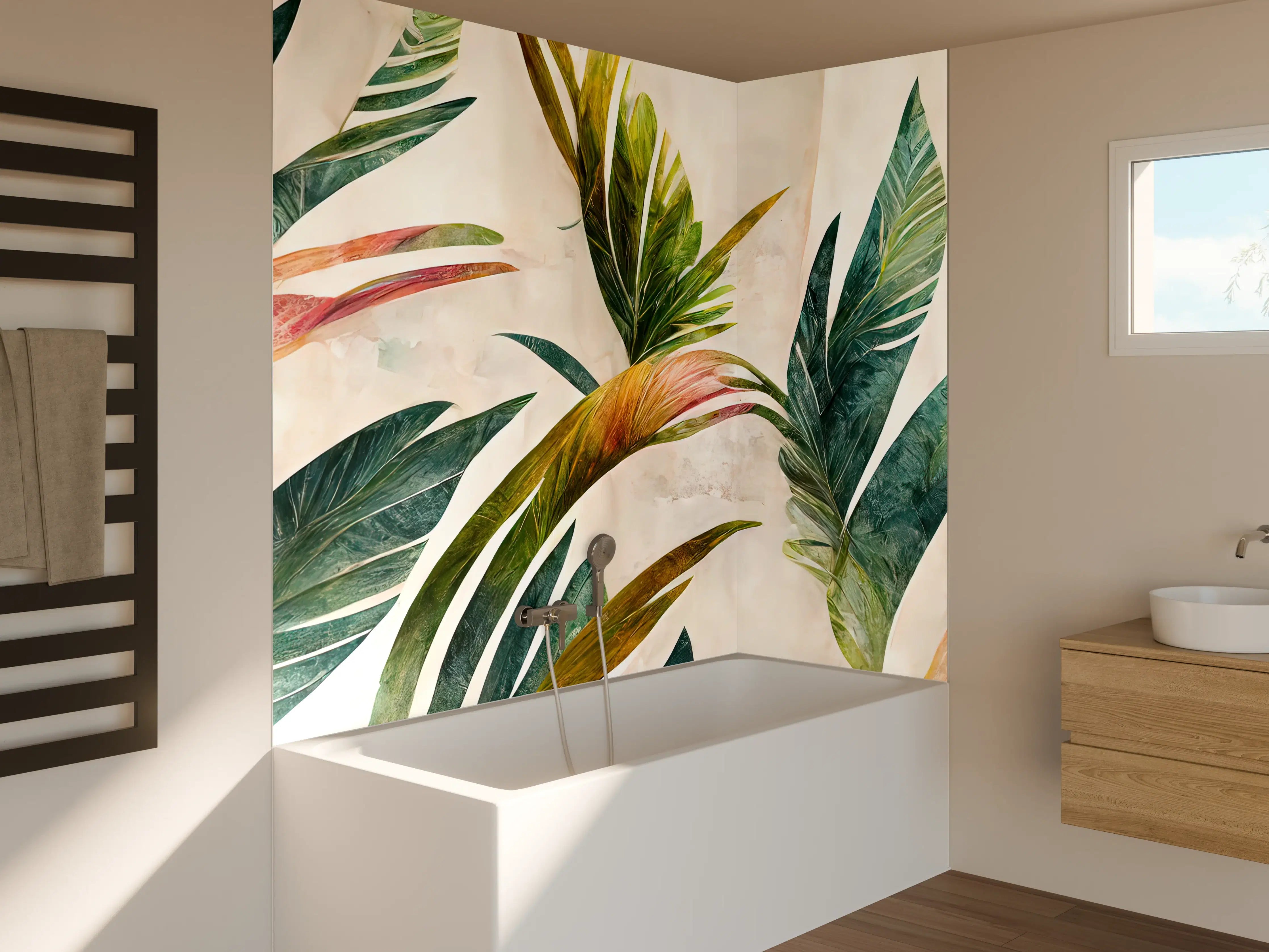 Badewannen-Rückwand - Tropische Pflanzenvielfalt mit lebendiger Farbpalette