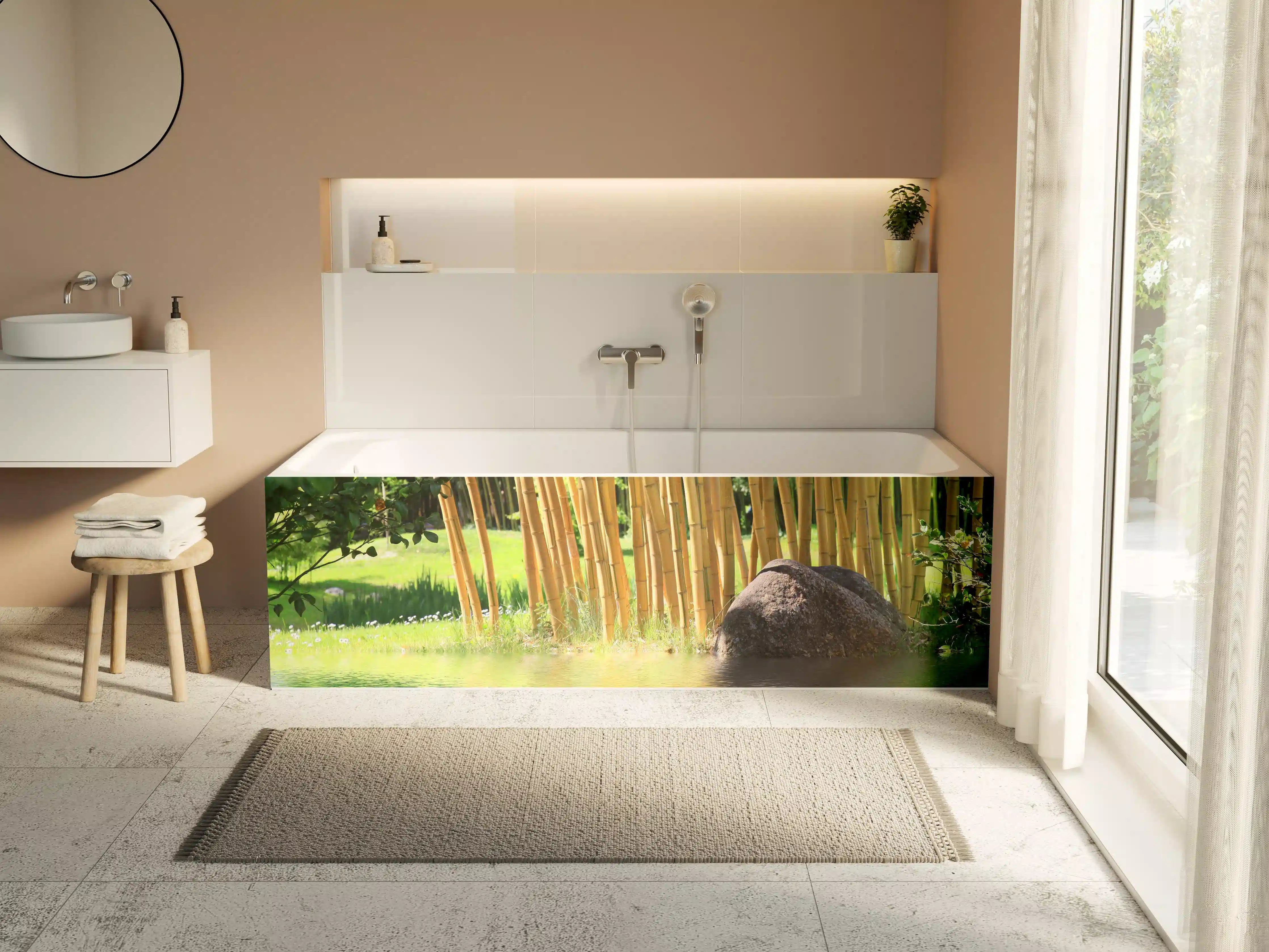 Badewannen-Rückwand - Tropischer Bambuswald mit See in Zentralasien
