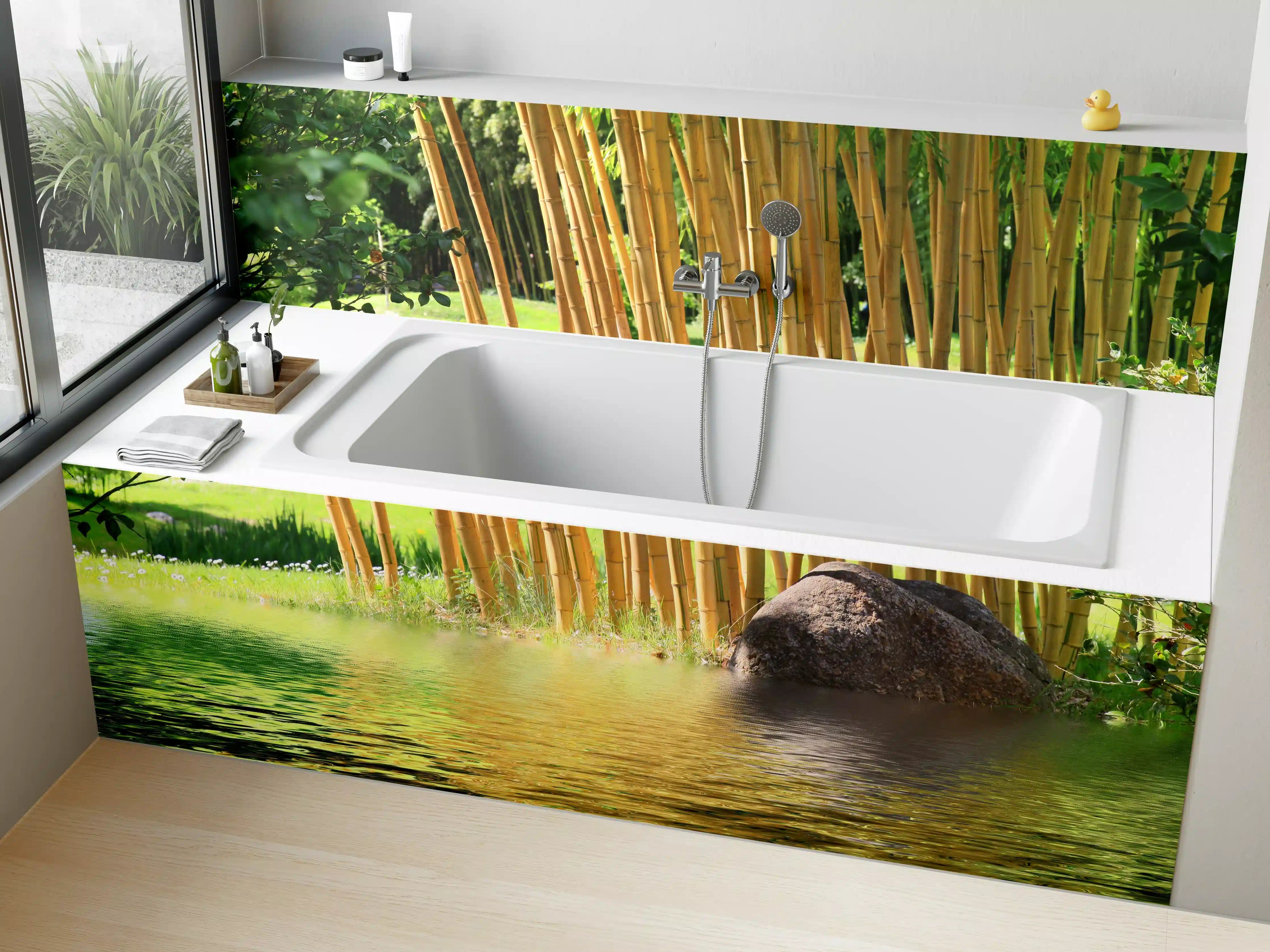 Badewannen-Rückwand - Tropischer Bambuswald mit See in Zentralasien