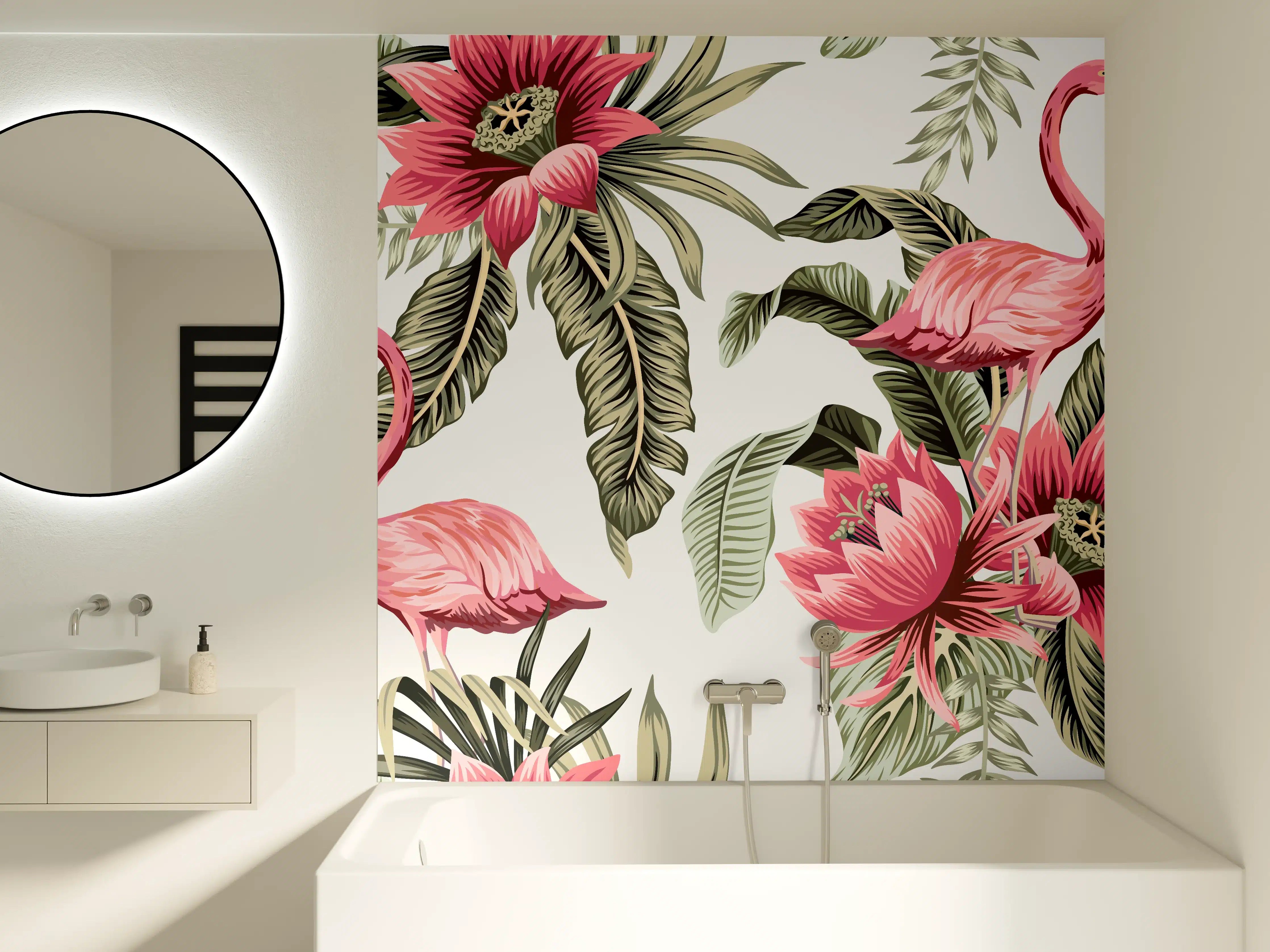 Badewannen-Rückwand - Tropischer Flamingo-Blumen-Print