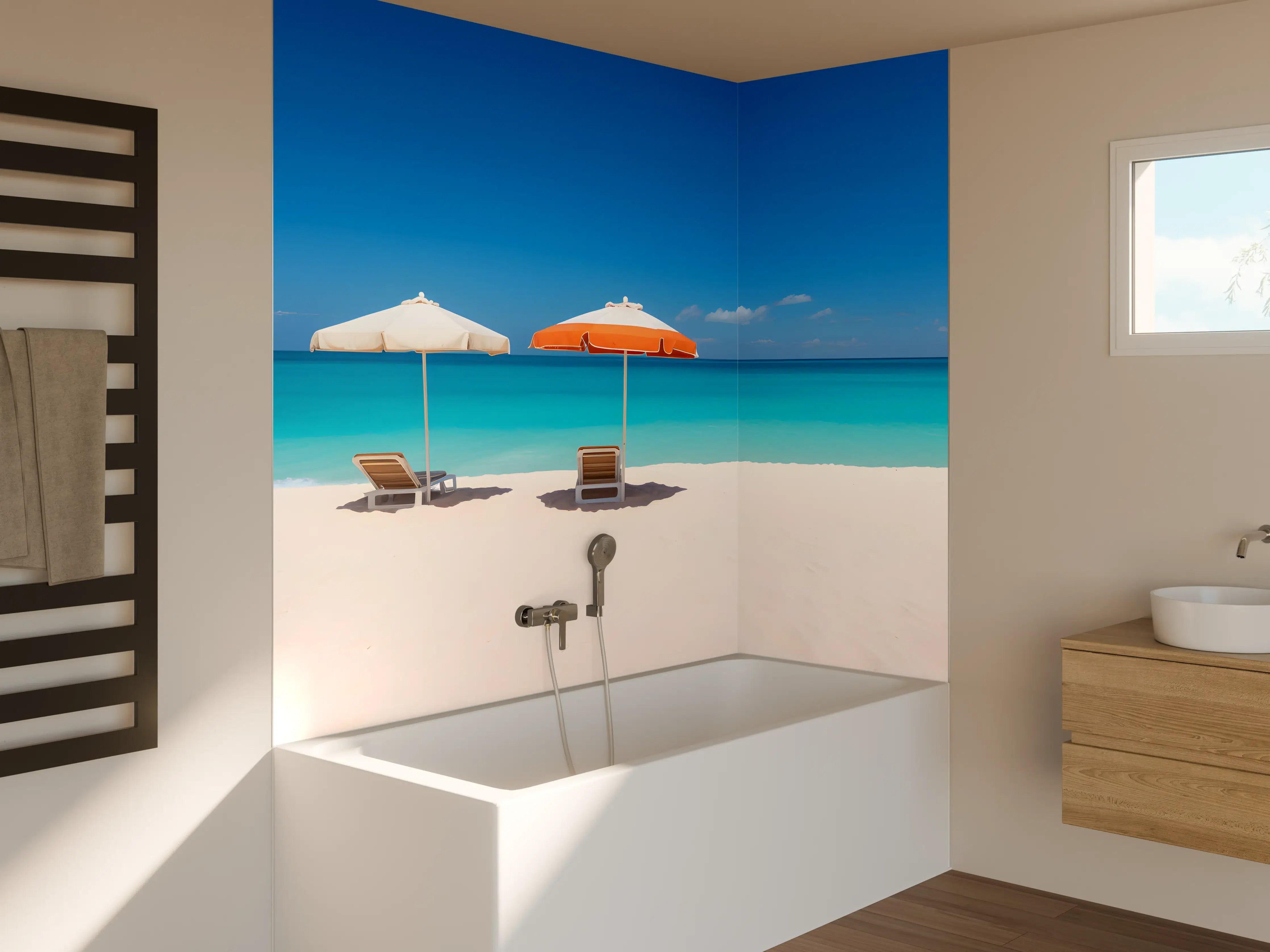 Badewannen-Rückwand - Tropischer Strand mit Sonnenschirmen