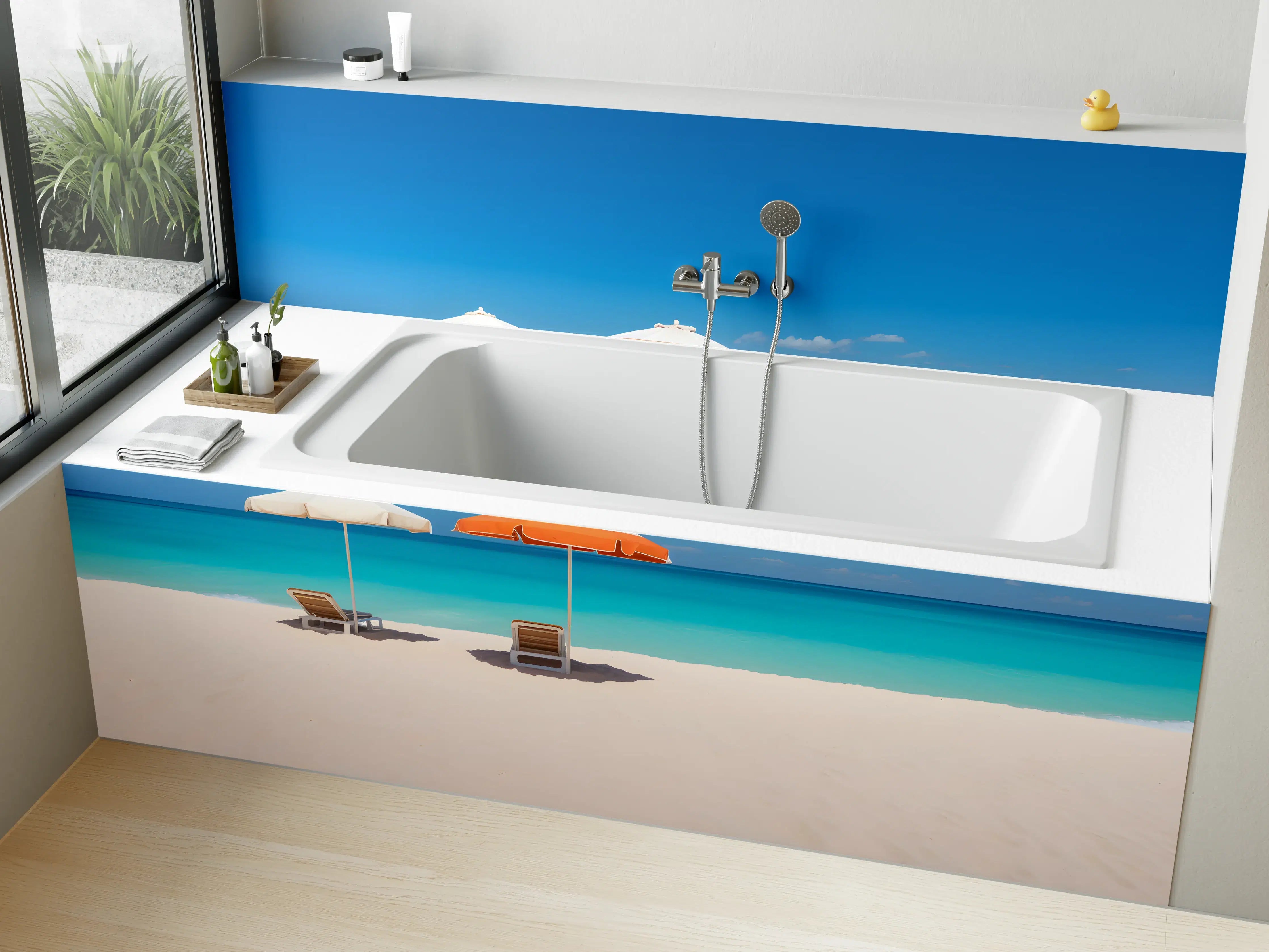 Badewannen-Rückwand - Tropischer Strand mit Sonnenschirmen