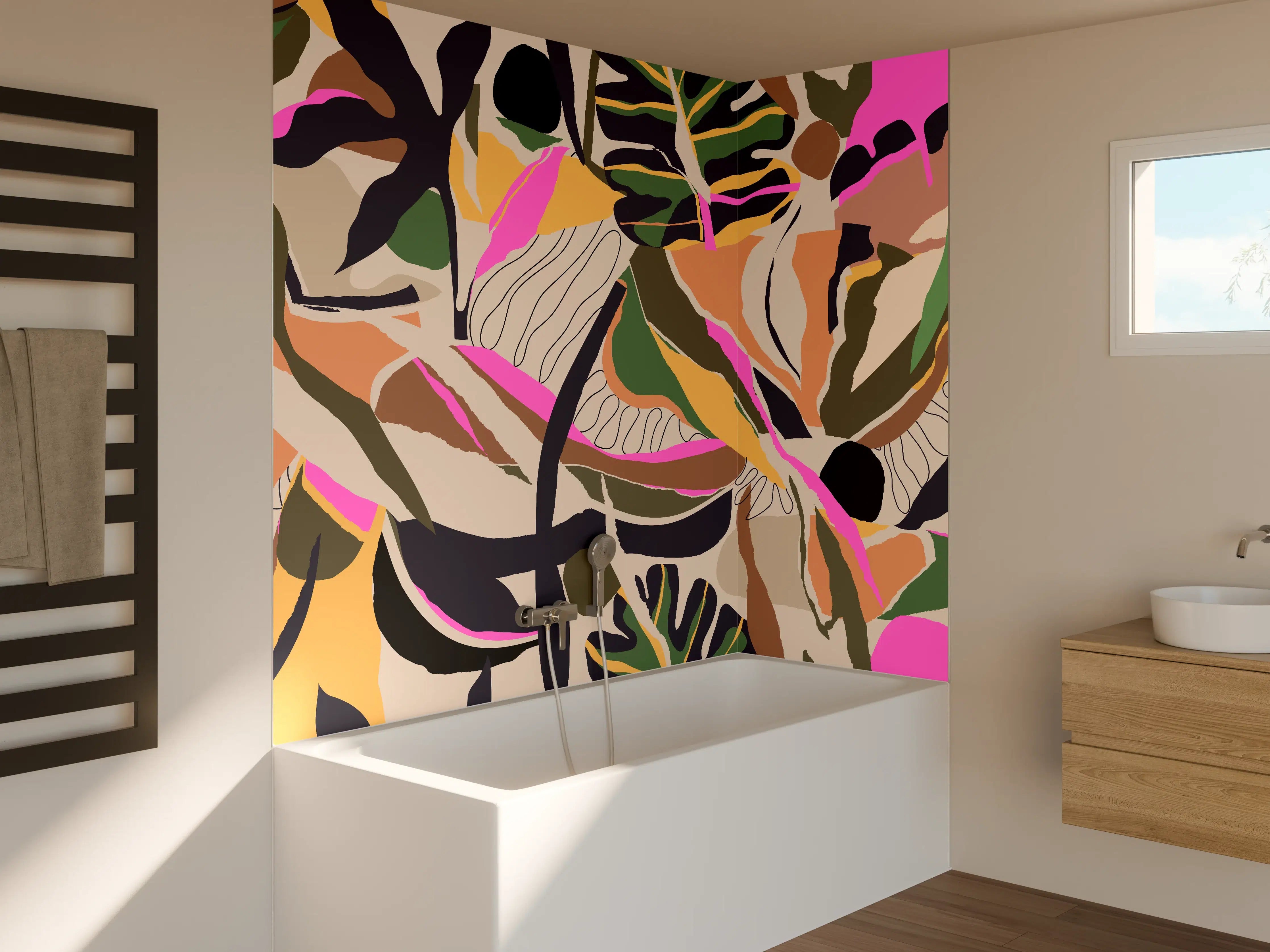 Badewannen-Rückwand - Tropisches Blattmuster Beige-Pink