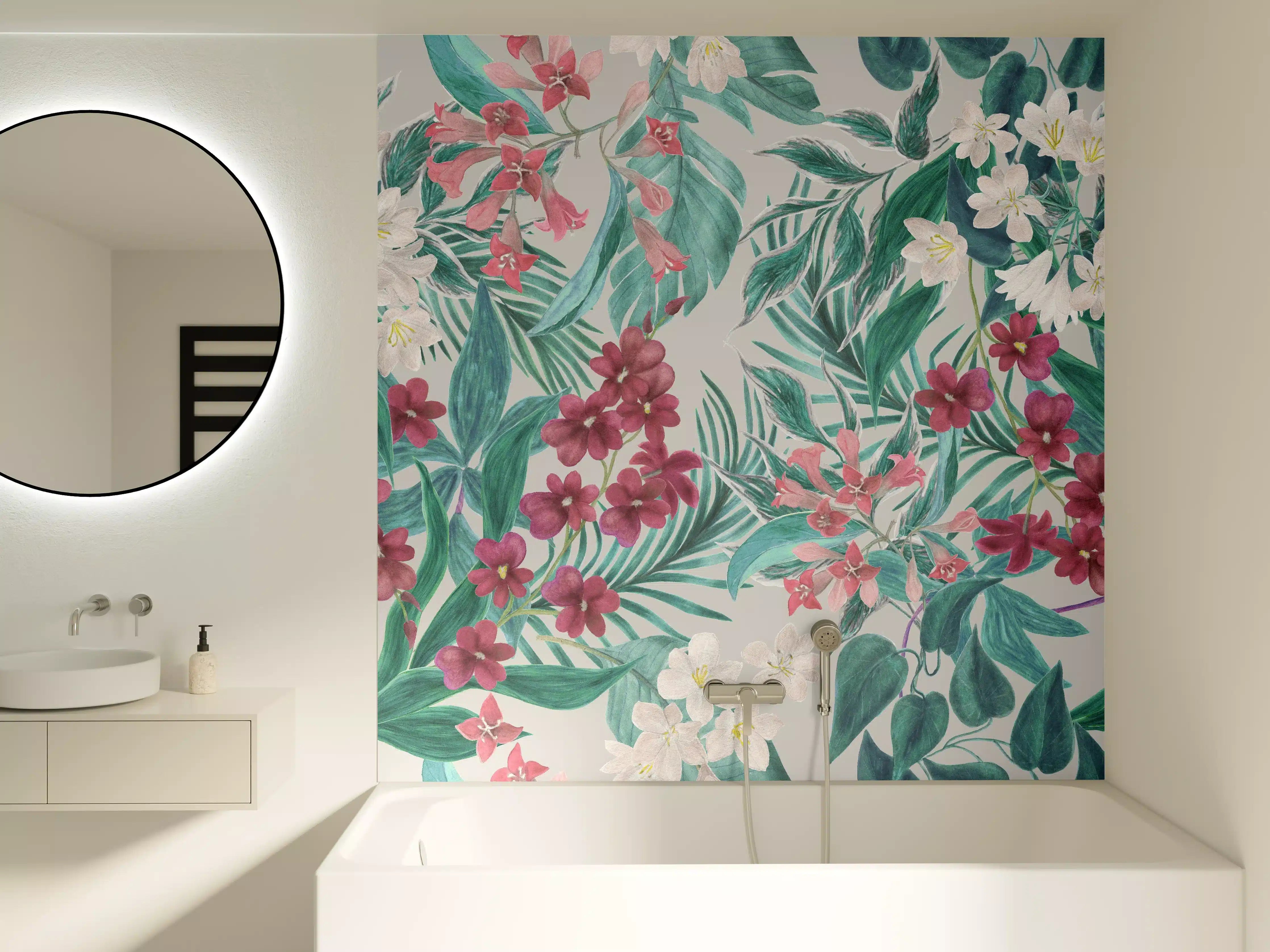 Badewannen-Rückwand - Tropisches Blumenmuster Rosa-Grau