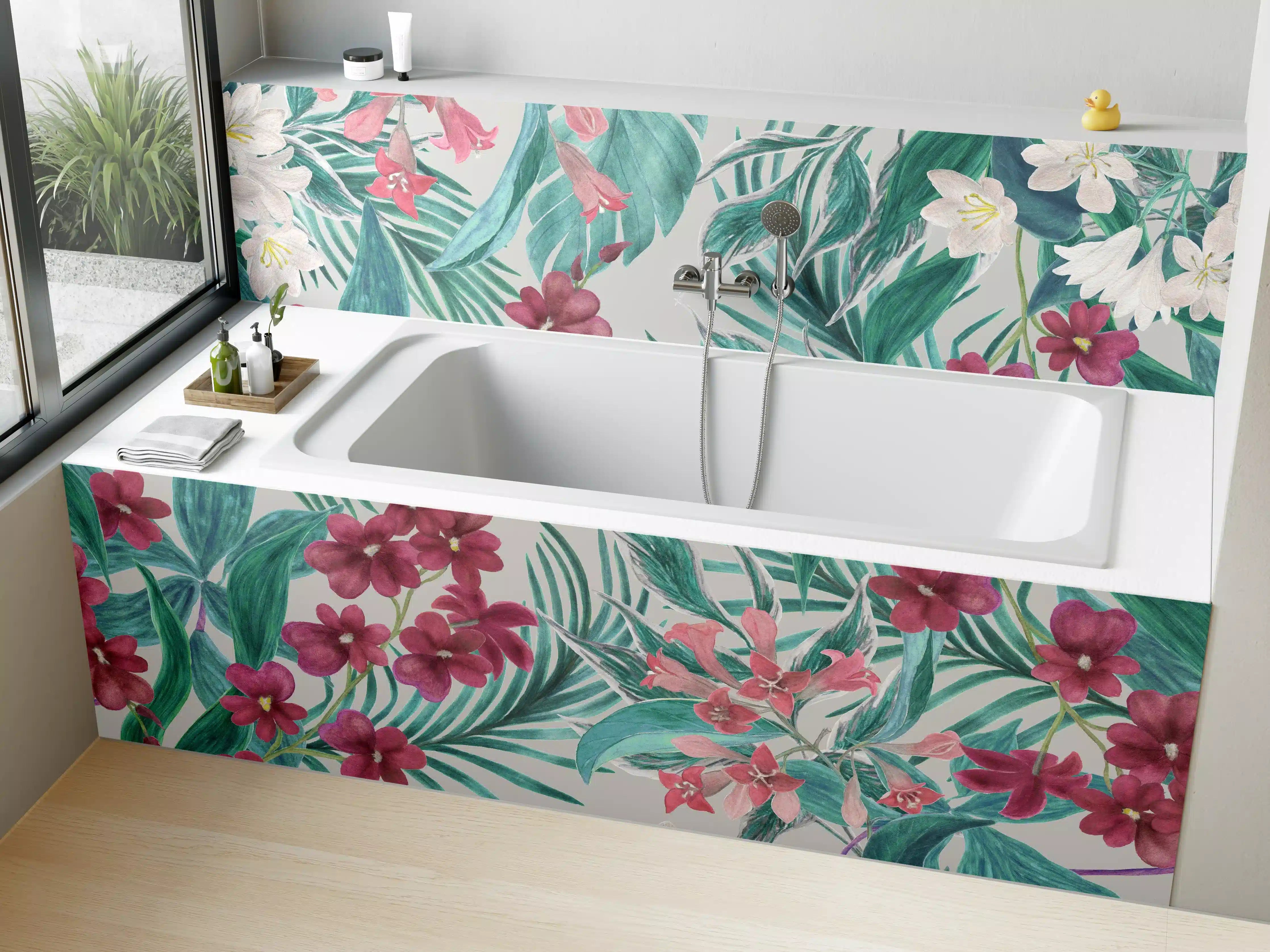Badewannen-Rückwand - Tropisches Blumenmuster Rosa-Grau