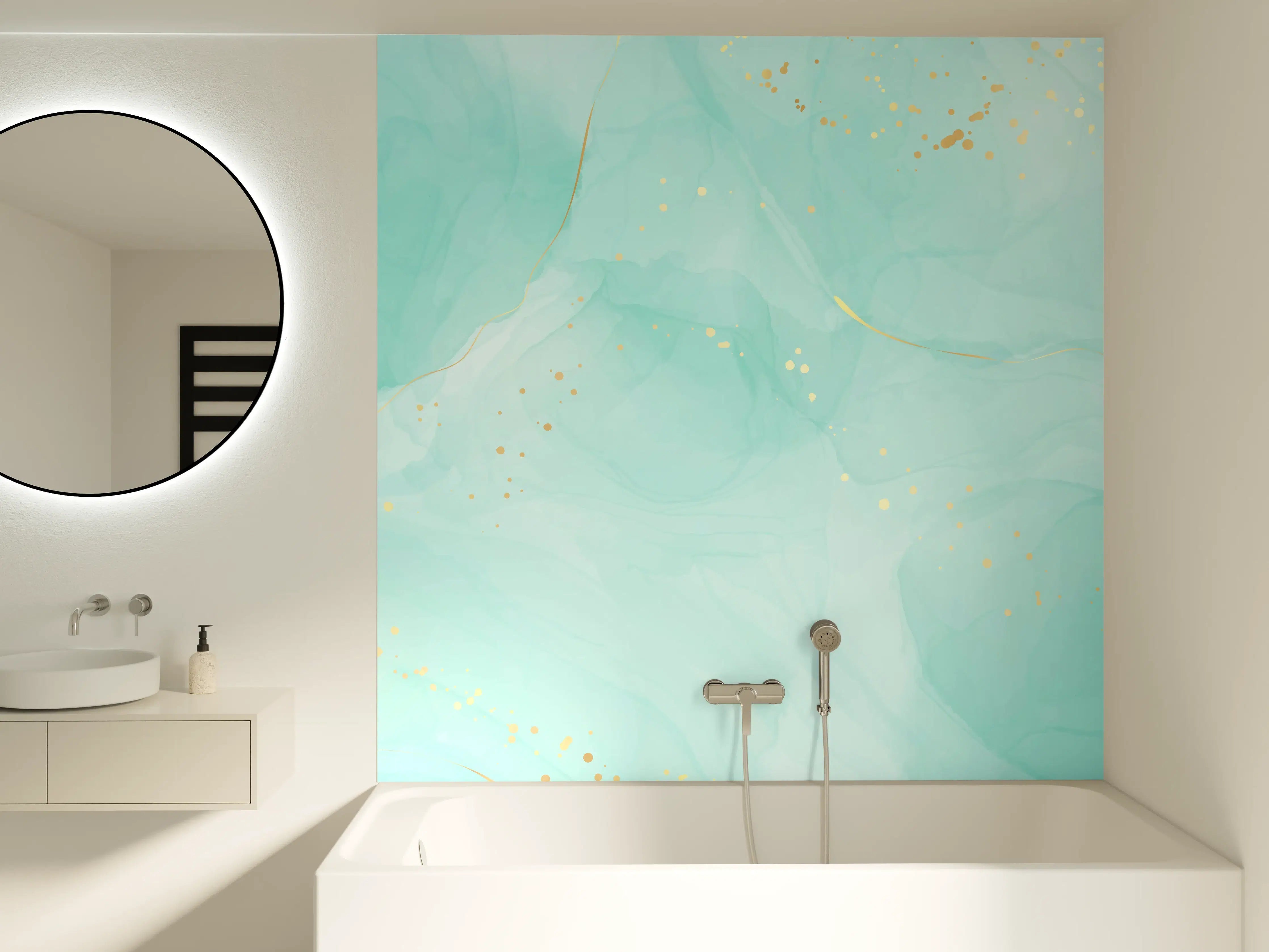 Badewannen-Rückwand - Türkis-Goldene Aquarell Textur