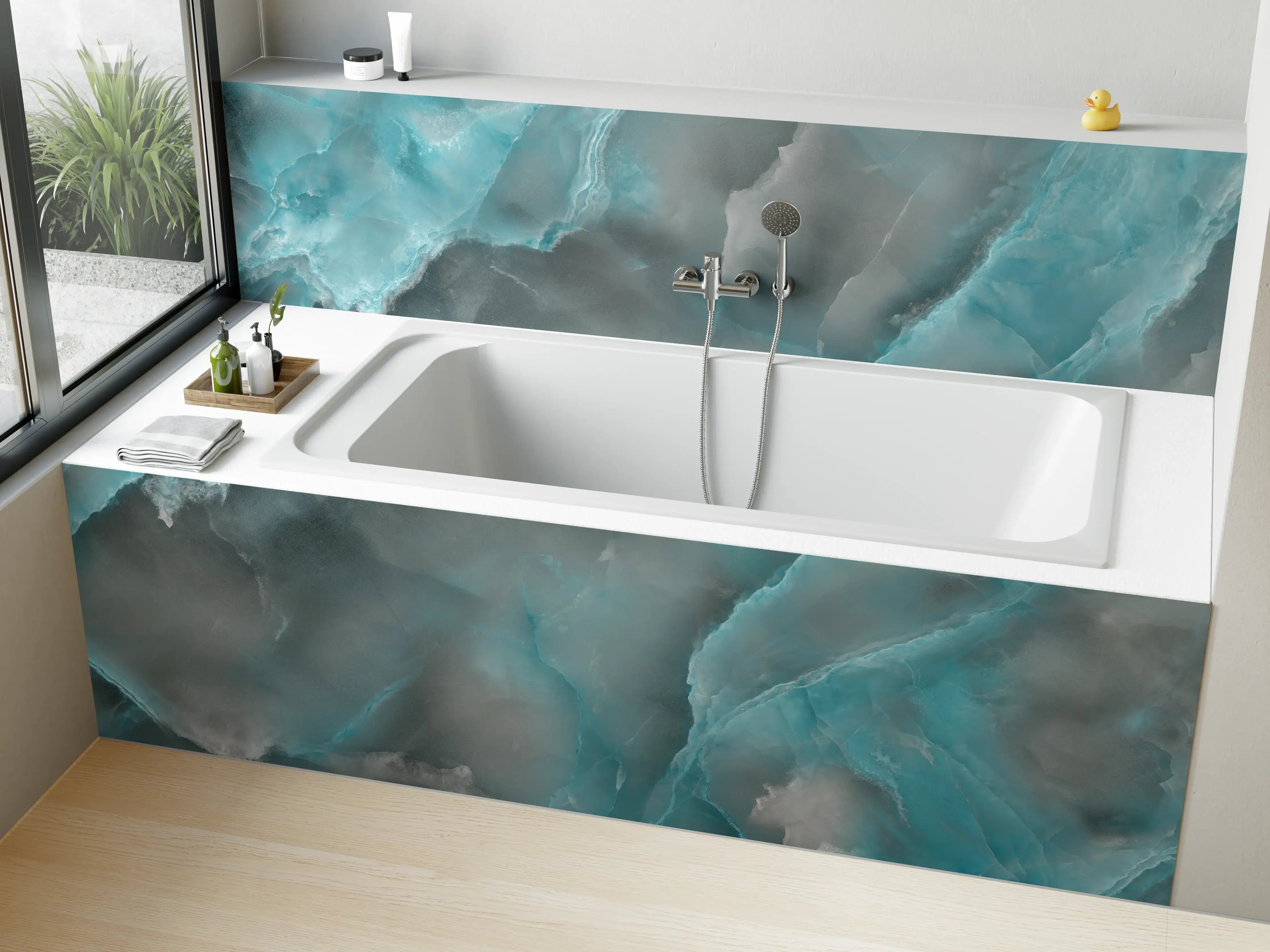 Badewannen-Rückwand - Türkis-Grau-Steinmuster