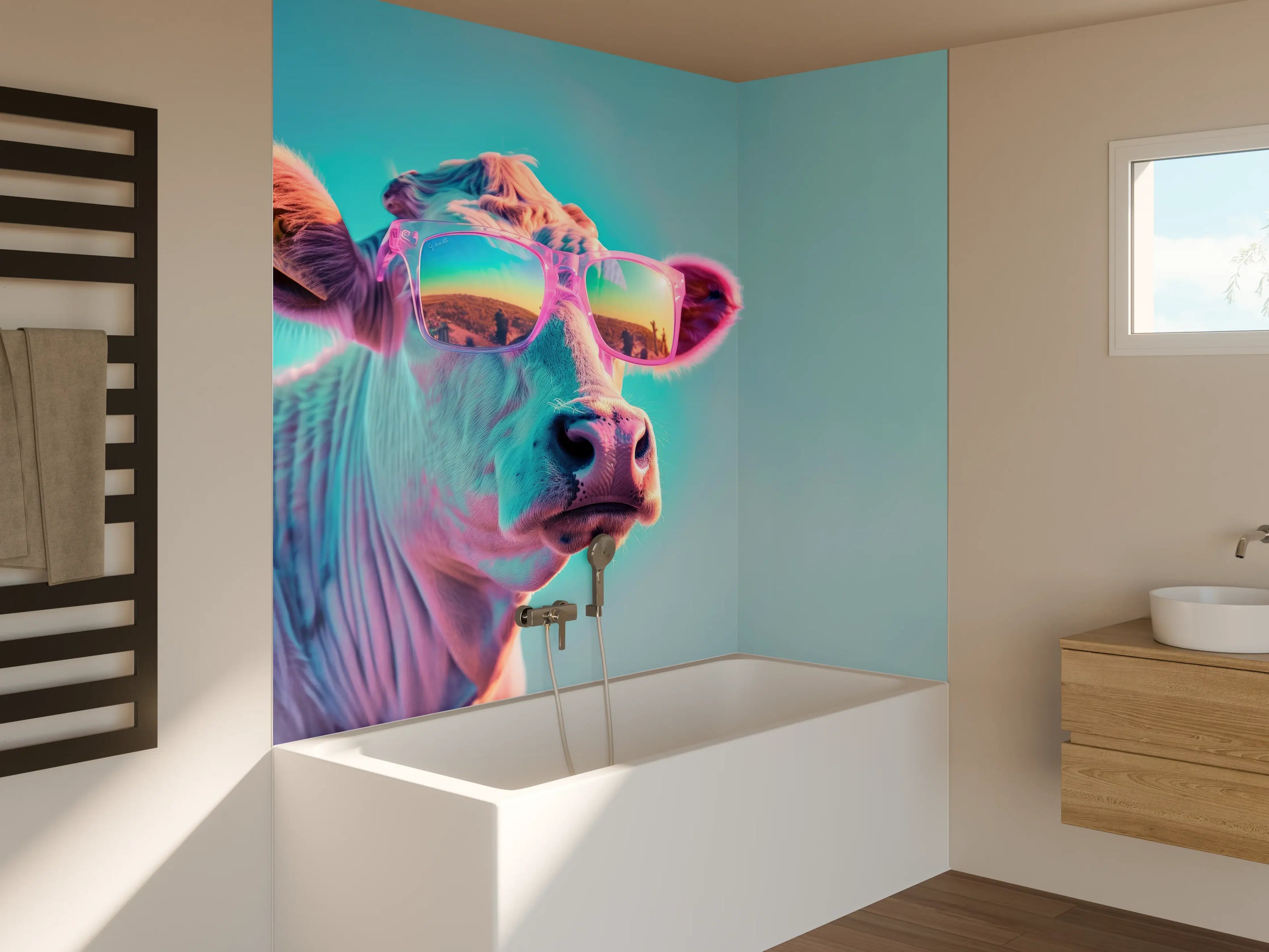 Badewannen-Rückwand - Türkis-Pastell-Kuh mit Sonnenbrille