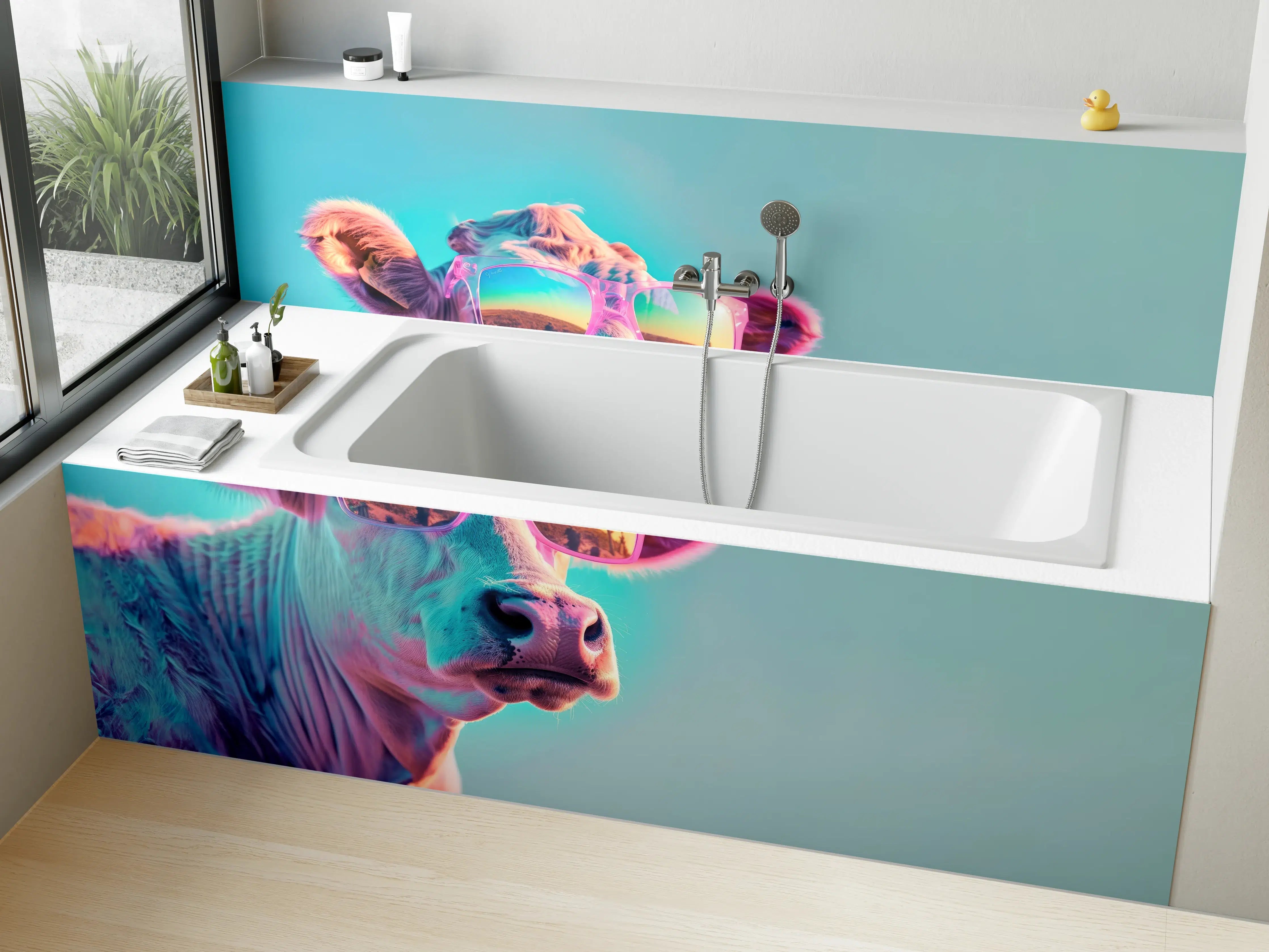 Badewannen-Rückwand - Türkis-Pastell-Kuh mit Sonnenbrille