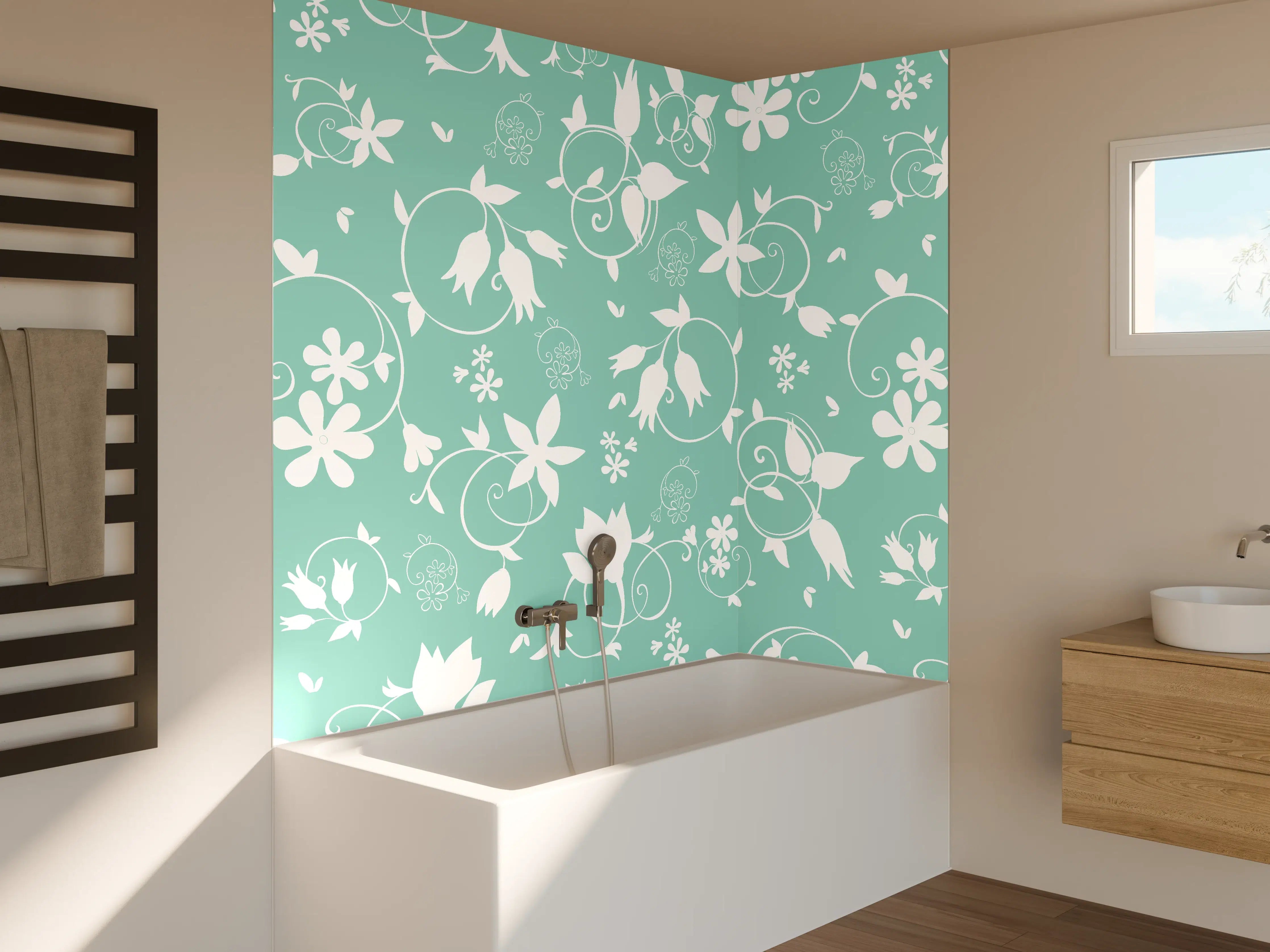 Badewannen-Rückwand - Türkis-Weiß Blumenmuster