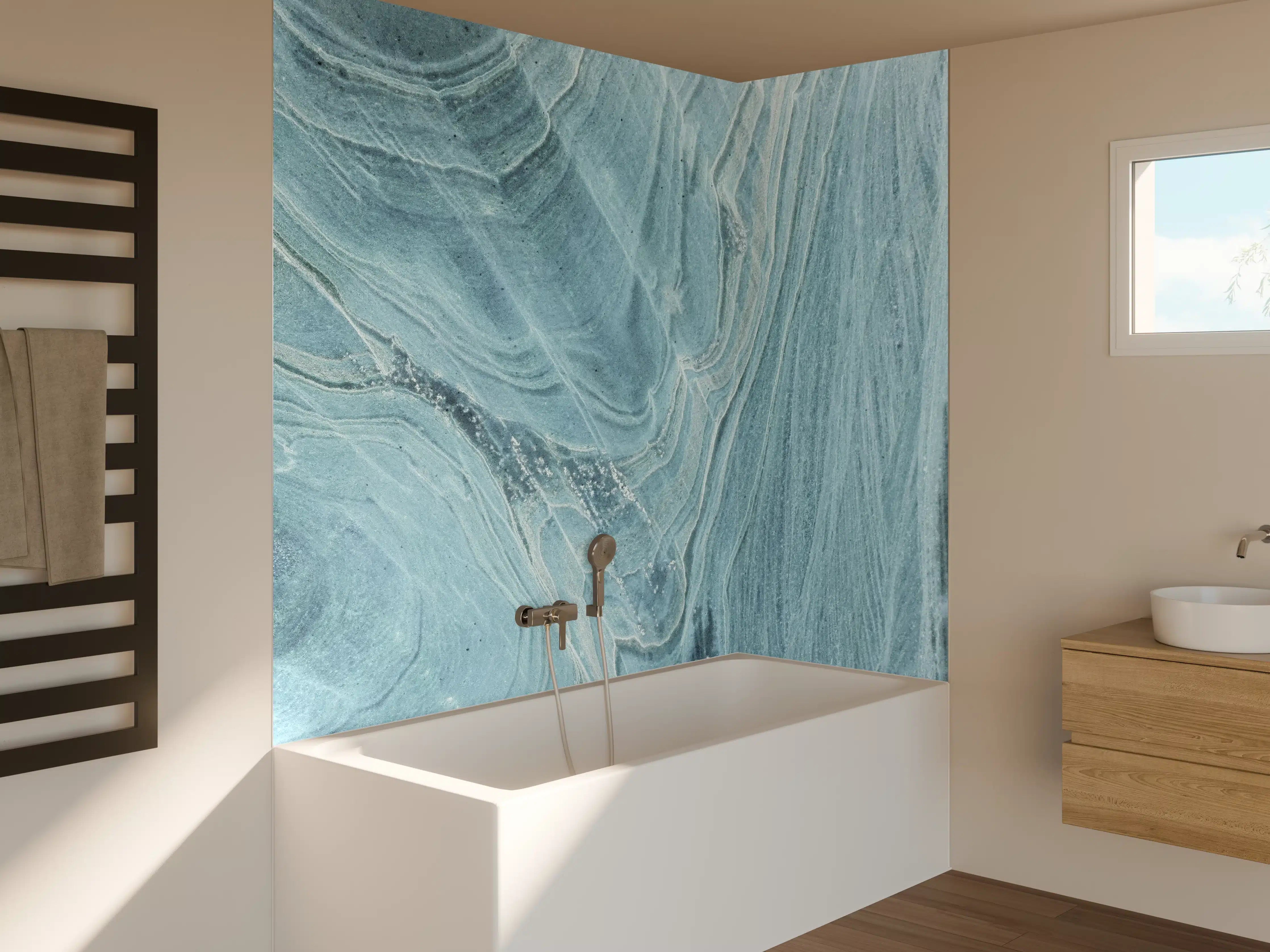 Badewannen-Rückwand - Türkis-Weißer Marmor