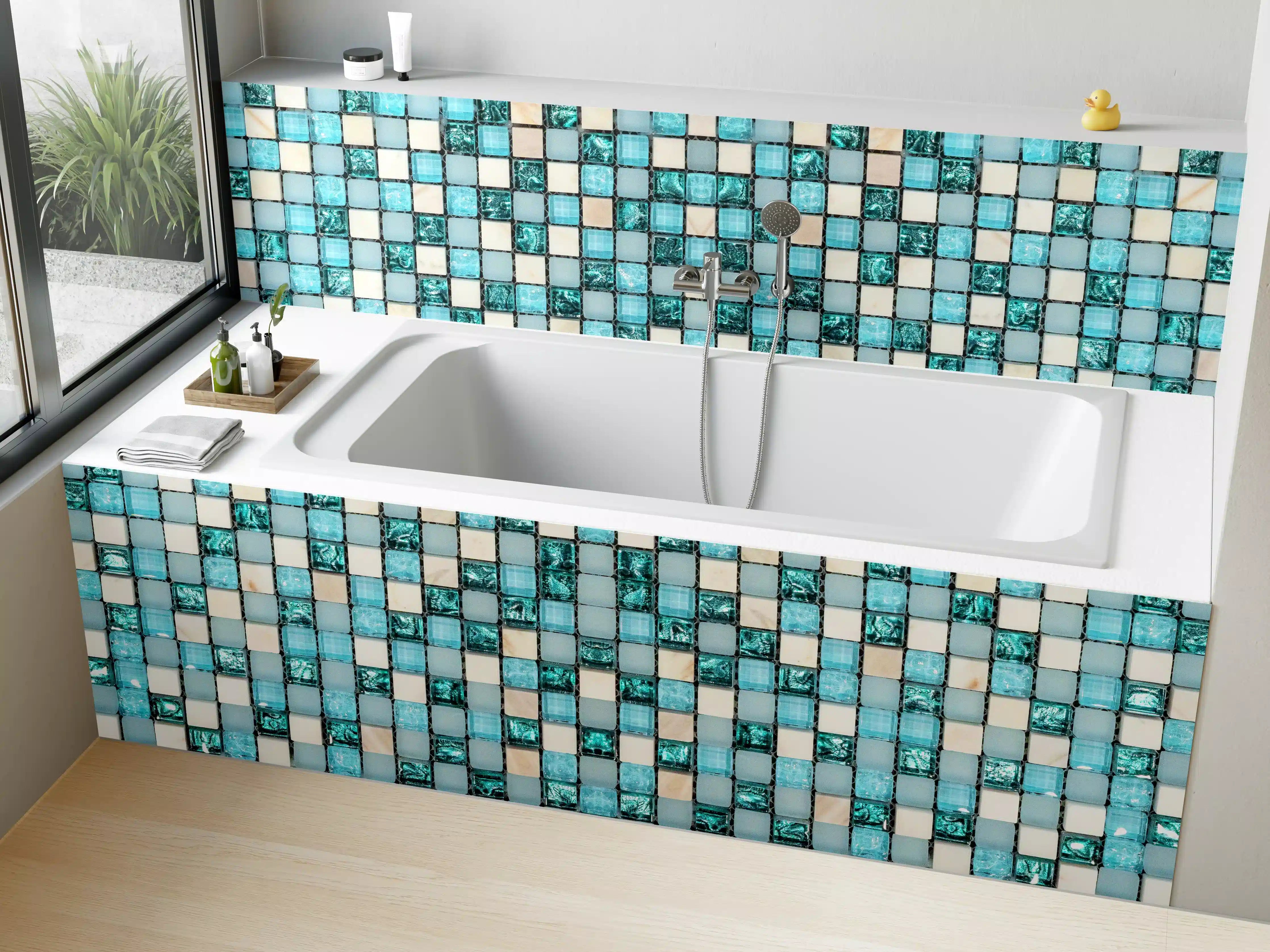 Badewannen-Rückwand - Türkis-Weißes Aquamarin Mosaik