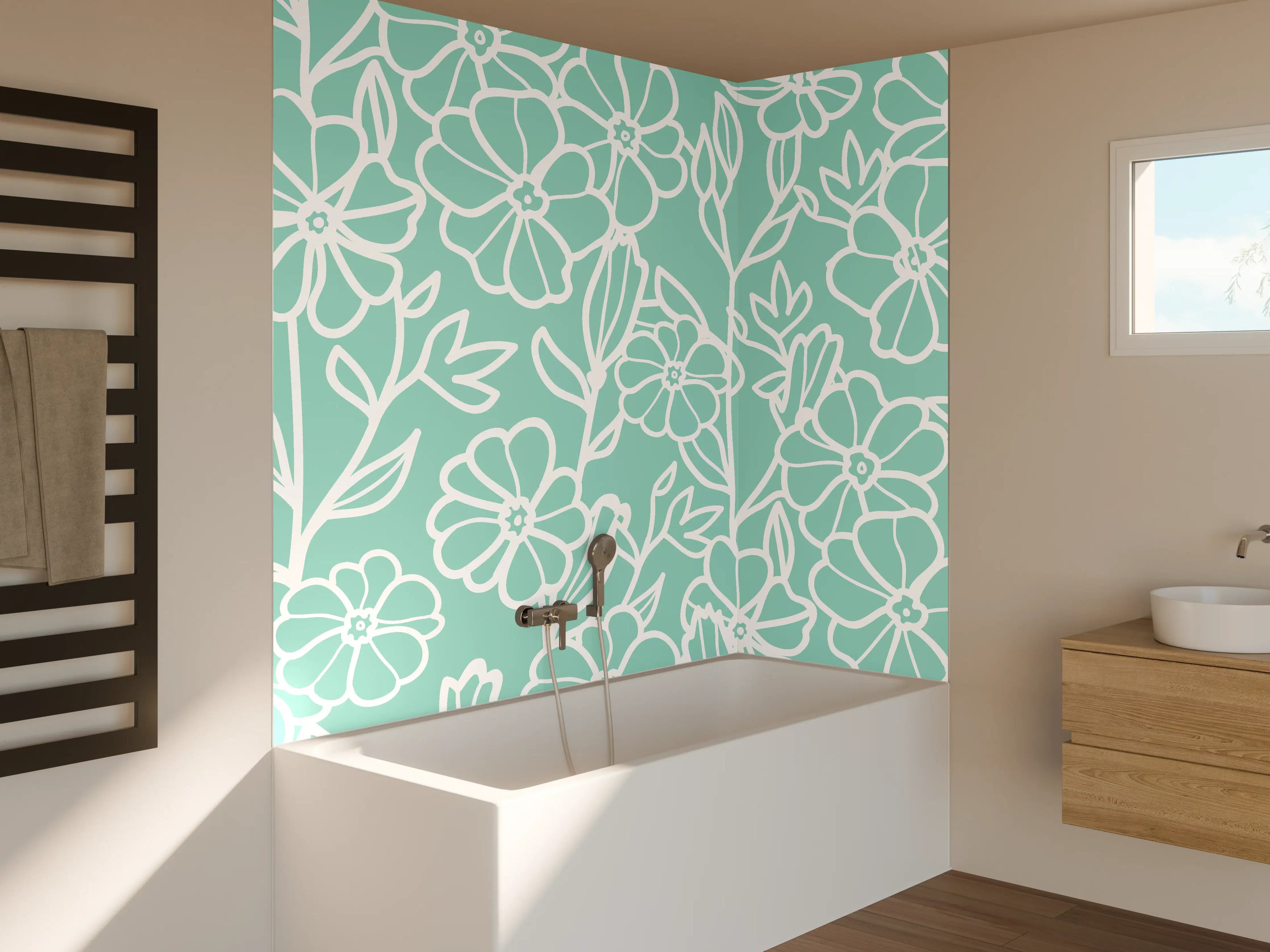 Badewannen-Rückwand - Türkis-Weißes Blumenmuster