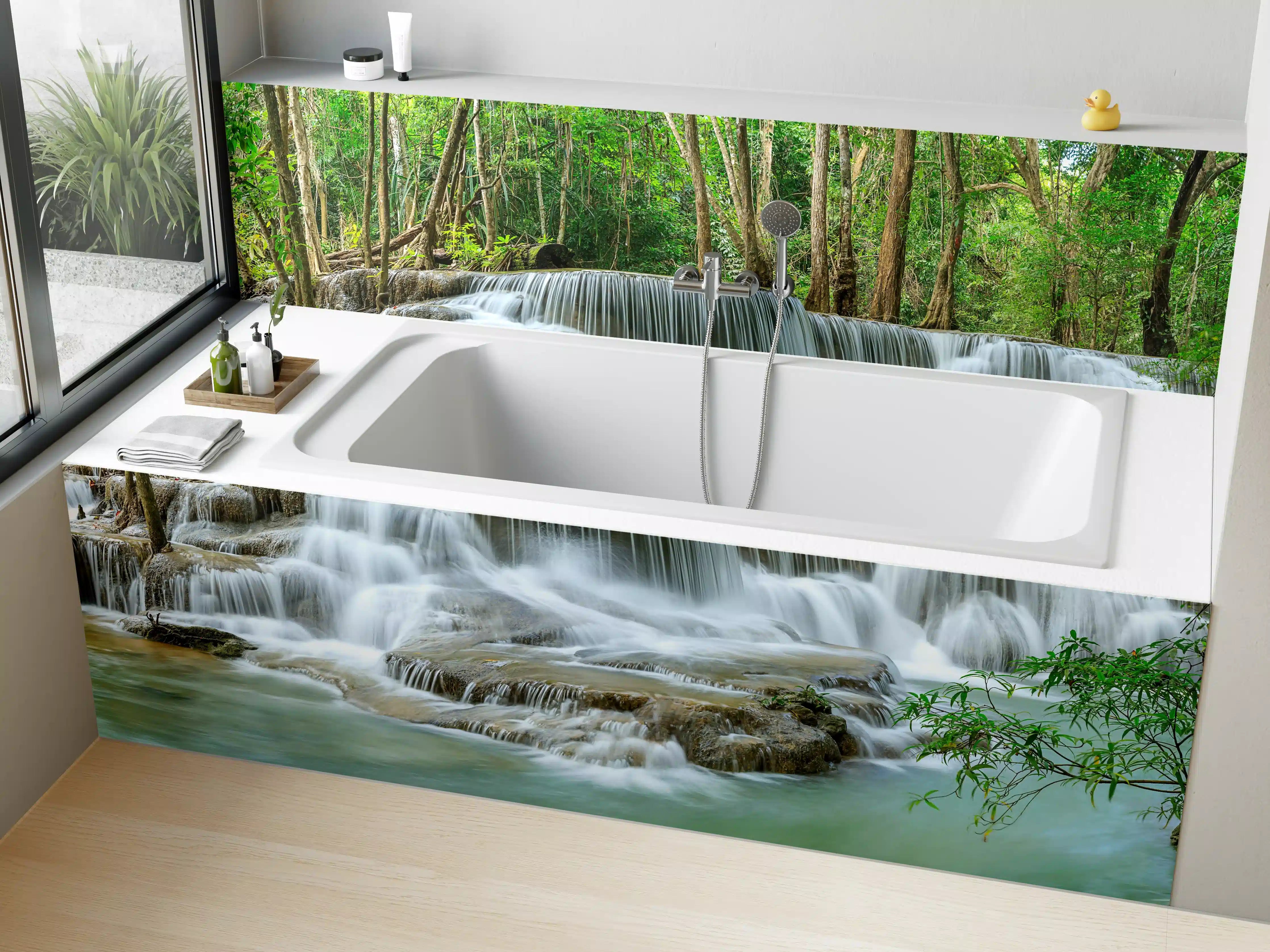 Badewannen-Rückwand - Türkisgrüner Wasserfall im Wald