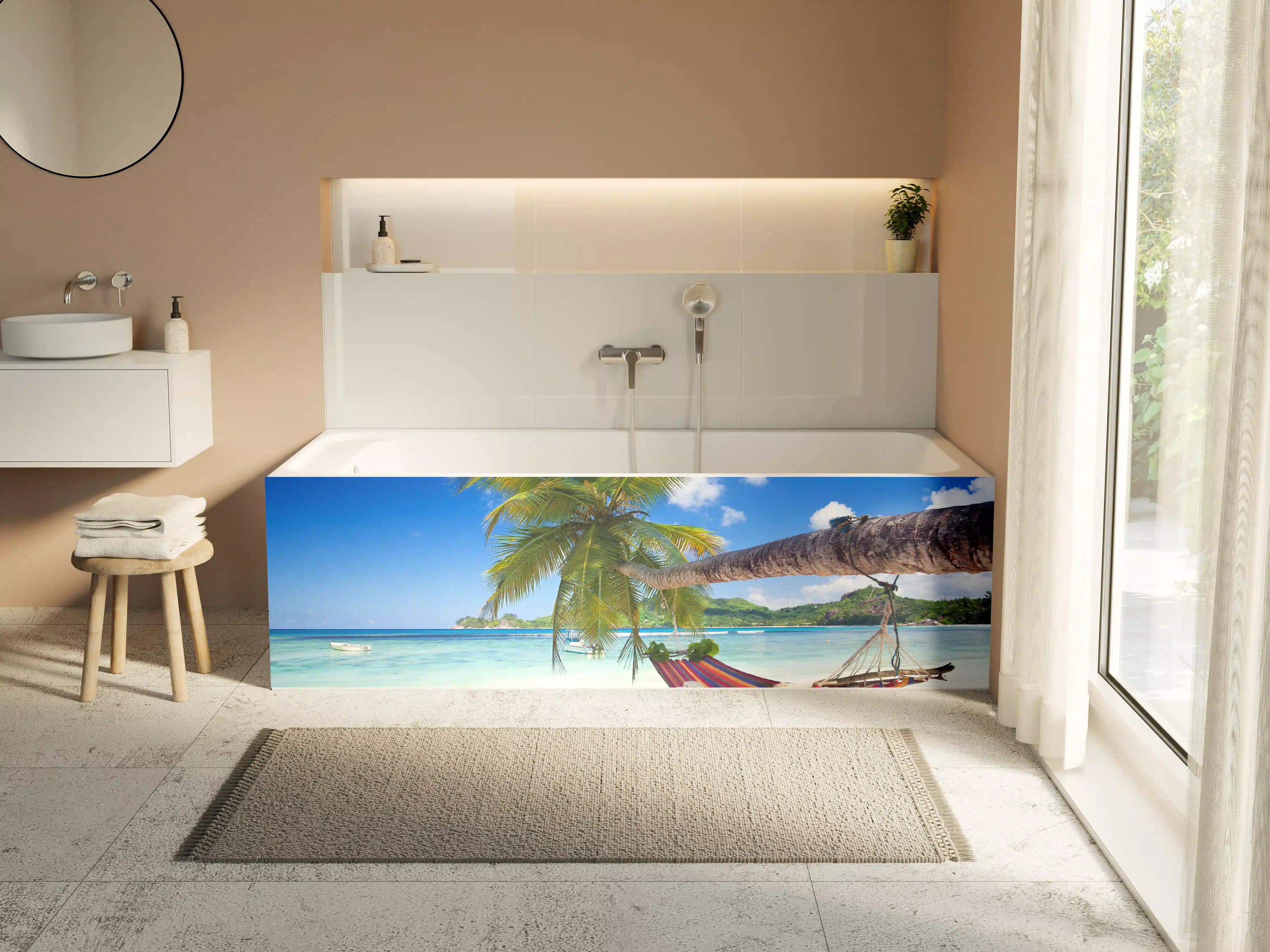 Badewannen-Rückwand - Urlaub am Strand in Seychellen