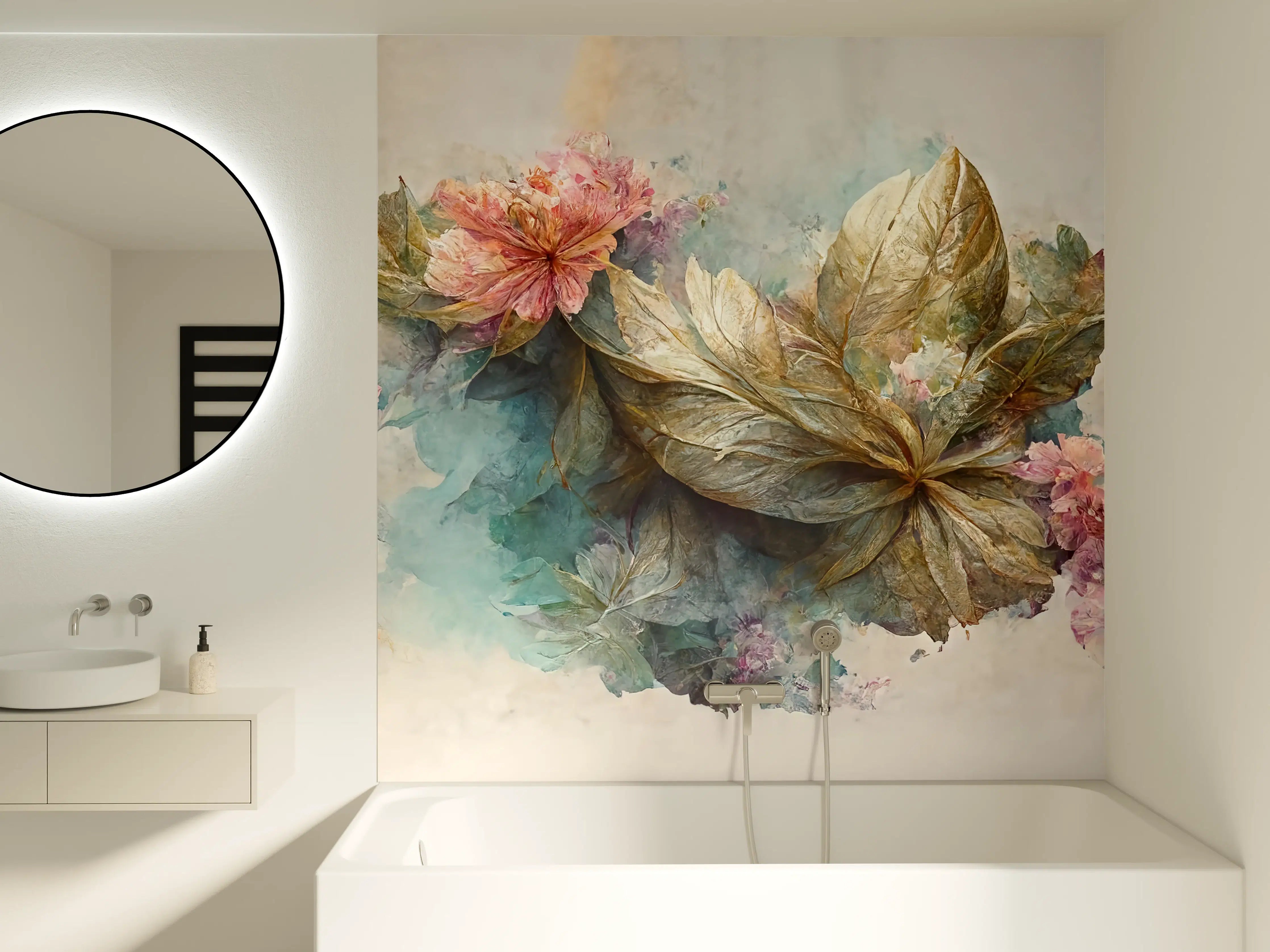 Badewannen-Rückwand - Vergoldete Blumen und Blätter Wasserfarbenkunst