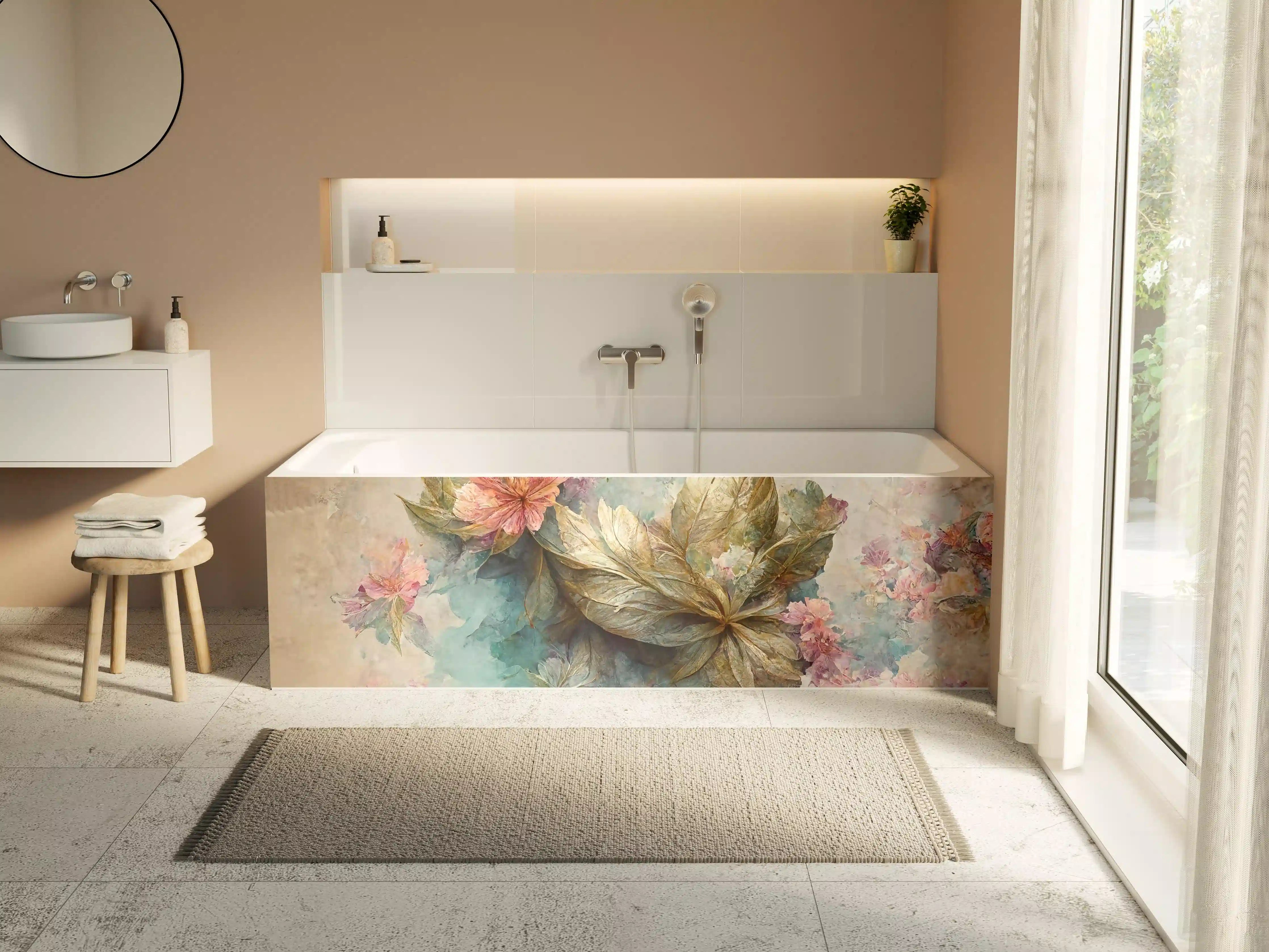 Badewannen-Rückwand - Vergoldete Blumen und Blätter Wasserfarbenkunst