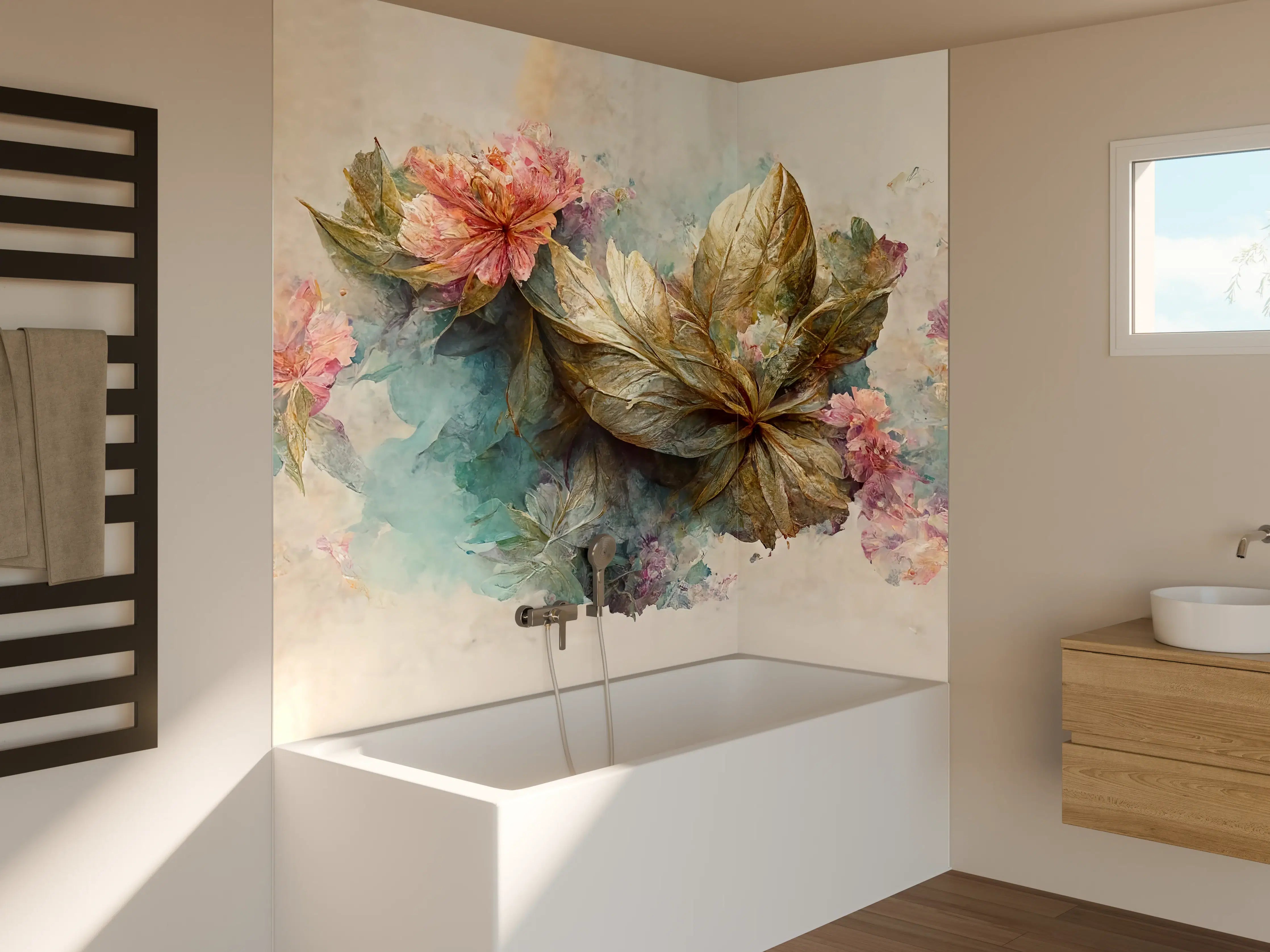 Badewannen-Rückwand - Vergoldete Blumen und Blätter Wasserfarbenkunst